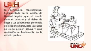 La democracia representativa,
fundamentada en la noción de
libertad implica que el pueblo
tiene el derecho y el deber de
elegir a sus gobernantes por medio
de elecciones libres, para las cuales
no exista presión alguna y cuya
realización se fundamente en la
opinión pública.
 