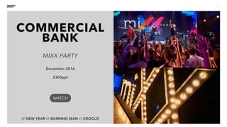 2
COMMERCIAL
BANK
// NEW YEAR // BURNING MAN // CROCUS
December 2016
2300ppl
MIXX PARTY
WATCH
 