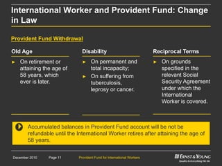 Provident Fund for International WorkersPage 11December 2010
Old Age
► On retirement or
attaining the age of
58 years, which
ever is later.
Disability
► On permanent and
total incapacity;
► On suffering from
tuberculosis,
leprosy or cancer.
Reciprocal Terms
► On grounds
specified in the
relevant Social
Security Agreement
under which the
International
Worker is covered.
Accumulated balances in Provident Fund account will be not be
refundable until the International Worker retires after attaining the age of
58 years.
Provident Fund Withdrawal
International Worker and Provident Fund: Change
in Law
 