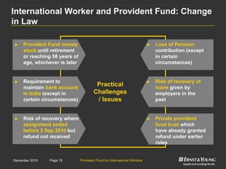 Provident Fund for International WorkersPage 15December 2010
Text
► Provident Fund money
stuck until retirement
or reaching 58 years of
age, whichever is later
► Risk of recovery where
assignment ended
before 3 Sep 2010 but
refund not received
► Requirement to
maintain bank account
in India (except in
certain circumstances)
► Loss of Pension
contribution (except
in certain
circumstances)
► Private provident
fund trust which
have already granted
refund under earlier
rules
► Risk of recovery of
loans given by
employers in the
past
Practical
Challenges
/ Issues
International Worker and Provident Fund: Change
in Law
 