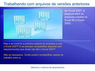 Trabalhando com arquivos de versões anteriores
                                                         No Excel 2007, é
                                                         possível abrir os
                                                         arquivos criados no
                                                         Excel 95 a Excel
                                                         2003.




Mas e se você for a primeira pessoa da empresa a usar
o Excel 2007? E se precisar compartilhar arquivos com
departamentos que ainda não têm o Excel 2007?

Não se desespere. Vocês podem compartilhar pastas de
trabalho entre si.



                        Obtenha o máximo de desempenho
 