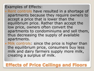 Examples of Effects:Rent controls have resulted in a shortage of apartments because they require owners to accept a price that is lower than the equilibrium price. Rather than accept the low price, owners often convert the apartments to condominiums and sell them, thus decreasing the supply of available apartments.Milk controls: since the price is higher than the equilibrium price, consumers buy less milk and dairy farmers supply more milk, creating a surplus of milk. Effects of Price Ceilings and Floors