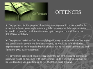 OFFENCES

If any person, for the purpose of avoiding any payment to be made under the
act or the scheme, knowingly makes any false statement or false representation,
he would be punished with imprisonment up to one year, or with fine up to
RS.5000 or with both.

If any person makes default in complying with any other provision of the act or
any condition for exemption from any scheme, he would be published with
imprisonment up to six months but which shall not be less than 1 month and with
fine up to 5000 Rs or with both.

If any person convicted of an offence under the act or the scheme commits it
again, he would be punished with imprisonment up to 5 yrs but which shall not
be less than two yrs, plus fine up to Rs. 25,000 s.14 and 14(AA).
 