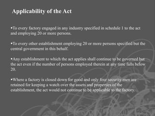 Applicability of the Act

To every factory engaged in any industry specified in schedule 1 to the act
and employing 20 or more persons.

To every other establishment employing 20 or more persons specified but the
central government in this behalf.

Any establishment to which the act applies shall continue to be governed but
the act even if the number of persons employed therein at any time falls below
20.

Where a factory is closed down for good and only four security men are
retained for keeping a watch over the assets and properties of the
establishment, the act would not continue to be applicable to the factory.
 