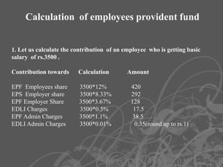 Calculation of employees provident fund


1. Let us calculate the contribution of an employee who is getting basic
salary of rs.3500 .

Contribution towards     Calculation        Amount

EPF Employees share      3500*12%            420
EPS Employer share       3500*8.33%          292
EPF Employer Share       3500*3.67%          128
EDLI Charges             3500*0.5%            17.5
EPF Admin Charges        3500*1.1%            38.5
EDLI Admin Charges       3500*0.01%            0.35(round up to rs.1)
 
