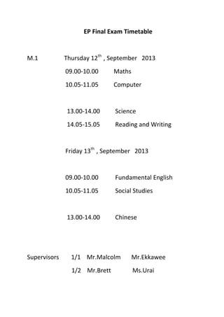  	
  	
  	
  	
  	
  	
  	
  	
  	
  	
  	
  	
  	
  	
  	
  	
  	
  	
  	
  	
  	
  	
  	
  	
  	
  	
  	
  	
  	
  	
  	
  	
  	
  	
  	
  	
  EP	
  Final	
  Exam	
  Timetable	
  	
  
	
  
M.1	
  	
  	
  	
  	
  	
  	
  	
  	
  	
  	
  	
  	
  	
  	
  	
  	
  Thursday	
  12th	
  	
  
,	
  September	
  	
  	
  2013	
  
	
  	
  	
  	
  	
  	
  	
  	
  	
  	
  	
  	
  	
  	
  	
  	
  	
  	
  	
  	
  	
  	
  	
  	
  	
  09.00-­‐10.00	
  	
  	
  	
  	
  	
  	
  	
  	
  	
  Maths	
  
	
  	
  	
  	
  	
  	
  	
  	
  	
  	
  	
  	
  	
  	
  	
  	
  	
  	
  	
  	
  	
  	
  	
  	
  	
  10.05-­‐11.05	
  	
  	
  	
  	
  	
  	
  	
  	
  	
  Computer	
  
	
  
	
  	
  	
  	
  	
  	
  	
  	
  	
  	
  	
  	
  	
  	
  	
  	
  	
  	
  	
  	
  	
  	
  	
  	
  	
  	
  13.00-­‐14.00	
  	
  	
  	
  	
  	
  	
  	
  	
  	
  Science	
  
	
  	
  	
  	
  	
  	
  	
  	
  	
  	
  	
  	
  	
  	
  	
  	
  	
  	
  	
  	
  	
  	
  	
  	
  	
  	
  14.05-­‐15.05	
  	
  	
  	
  	
  	
  	
  	
  	
  	
  Reading	
  and	
  Writing	
  	
  	
  
	
  	
  	
  	
  	
  	
  	
  	
  	
  	
  	
  	
  	
  	
  	
  	
  	
  	
  	
  	
  	
  	
  	
  	
  	
  	
  
	
  	
  	
  	
  	
  	
  	
  	
  	
  	
  	
  	
  	
  	
  	
  	
  	
  	
  	
  	
  	
  	
  	
  	
  	
  Friday	
  13th	
  	
  
,	
  September	
  	
  	
  2013	
  
	
  
	
  	
  	
  	
  	
  	
  	
  	
  	
  	
  	
  	
  	
  	
  	
  	
  	
  	
  	
  	
  	
  	
  	
  	
  	
  09.00-­‐10.00	
  	
  	
  	
  	
  	
  	
  	
  	
  	
  	
  Fundamental	
  English	
  
	
  	
  	
  	
  	
  	
  	
  	
  	
  	
  	
  	
  	
  	
  	
  	
  	
  	
  	
  	
  	
  	
  	
  	
  	
  10.05-­‐11.05	
  	
  	
  	
  	
  	
  	
  	
  	
  	
  	
  Social	
  Studies	
  	
  
	
  
	
  	
  	
  	
  	
  	
  	
  	
  	
  	
  	
  	
  	
  	
  	
  	
  	
  	
  	
  	
  	
  	
  	
  	
  	
  	
  13.00-­‐14.00	
  	
  	
  	
  	
  	
  	
  	
  	
  	
  Chinese	
  
	
  	
  	
  	
  	
  	
  	
  	
  	
  	
  	
  	
  	
  	
  	
  	
  	
  	
  	
  	
  	
  	
  	
  	
  	
  	
  	
  
	
  
Supervisors	
  	
  	
  	
  	
  	
  	
  	
  1/1	
  	
  	
  	
  Mr.Malcolm	
  	
  	
  	
  	
  	
  	
  Mr.Ekkawee	
  
	
  	
  	
  	
  	
  	
  	
  	
  	
  	
  	
  	
  	
  	
  	
  	
  	
  	
  	
  	
  	
  	
  	
  	
  	
  	
  	
  	
  	
  1/2	
  	
  	
  	
  Mr.Brett	
  	
  	
  	
  	
  	
  	
  	
  	
  	
  	
  	
  	
  	
  Ms.Urai	
  	
  	
  	
  	
  	
  	
  
	
  	
  
 