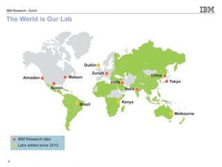 IBM Research - Zurich


The World is Our Lab




                                          Dublin

                                              Zurich
                                 Watson                                 China
           Almaden
                                                       Haifa                    Tokyo
                        Austin                                  India


                                                               Kenya
                                     Brazil

                                                                                  Melbourne




       IBM Research labs
       Labs added since 2010



 9
 
