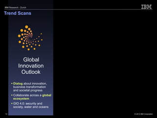 IBM Research - Zurich


Trend Scans




               Global
             Innovation
               Outlook
       Dialog about innovation,
        business transformation
        and societal progress
       Collaborate across a global
        ecosystem
       GIO 4.0: security and
        society, water and oceans

13                                    © 2012 IBM Corporation
 