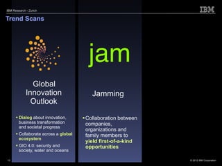 IBM Research - Zurich


Trend Scans




                                        jam
               Global
             Innovation                   Jamming
               Outlook
       Dialog about innovation,       Collaboration between
        business transformation         companies,
        and societal progress
                                        organizations and
       Collaborate across a global     family members to
        ecosystem
                                        yield first-of-a-kind
       GIO 4.0: security and           opportunities
        society, water and oceans

13                                                              © 2012 IBM Corporation
 