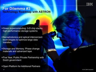 IBM Research - Zurich


For Dilemma #3
Technology Roadmap with ASTRON




 Green supercomputing: 3-D chip stacks,
  high-performance storage systems

 Nanophotonics and optical interconnect
  technologies to optimize large data
  transfers

 Storage and Memory: Phase change
  materials and advanced tape

 Five Year, Public Private Partnership with
  Dutch government

 Open Platform for Additional Partners
 37                                            © 2012 IBM Corporation
 