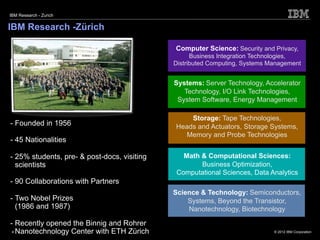 IBM Research - Zurich


IBM Research -Zürich

                                             Computer Science: Security and Privacy,
                                                   Business Integration Technologies,
                                             Distributed Computing, Systems Management


                                             Systems: Server Technology, Accelerator
                                                Technology, I/O Link Technologies,
                                              System Software, Energy Management

                                                 Storage: Tape Technologies,
- Founded in 1956                            Heads and Actuators, Storage Systems,
                                                Memory and Probe Technologies
- 45 Nationalities

- 25% students, pre- & post-docs, visiting     Math & Computational Sciences:
  scientists                                        Business Optimization,
                                             Computational Sciences, Data Analytics
- 90 Collaborations with Partners
                                             Science & Technology: Semiconductors,
- Two Nobel Prizes                               Systems, Beyond the Transistor,
  (1986 and 1987)                                Nanotechnology, Biotechnology

- Recently opened the Binnig and Rohrer
 4 Nanotechnology Center with ETH Zürich                                     © 2012 IBM Corporation
 