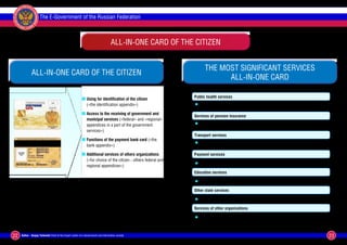 П РА В И Т Е Л Ь С Т
                  МУ                          ВУ
             НО



     ОН




                                                   И
                                                   ИН
        ТР




                                                   ФОР
ПО ЭЛЕК
                                                                 The E-Government of the Russian Federation

                                                       МАЦИОНН
ЕНТР




                                                   ОМ
    ЙЦ




                                                   У
         Ы


                                              ОБ
             ТН                        ЩЕ
                  СТВУ ЭКСПЕР




                                                                                                   All-in-one card of the citizen


                                                                                                                                           The most significant services
                                              All-in-one card of the citizen
                               Универсальная электронная карта гражданина обеспечивает:
                                                                                                                                                 All-in-one card

                                                                                                                                    Public health services
                                                                                    Using for identification of the citizen
                                                                                  „Использование для идентификации
                                                                                  •„
                                                                                    («the identification appendix»)
                                                                                   гражданина («идентификационное                    Distant recording to the doctor, replacement of the Compulsory Medical Insurance policy and etc.
                                                                                                                                    zz
                                                                                                                                     (a card - the Cumpulsory Medical Insurance policy)
                                                                                    приложение»)
                                                                                  „„ Access to the receiving of government and
                                                                                  • Доступ к получению                              Services of pension insurance
                                                                                     municipal services («federal» and «regional»
                                                                                    государственных и муниципальных
                                                                                     appendices in a part of the government          Getting of the benefit approach, the choosing of the management company, the information on
                                                                                                                                    zz
                                                                                    услуг («федеральные» и «региональные»            a state of the account and etc. (a card - the policy of pension insurance)
                                                                                     services»)
                                                                                    приложения в части госуслуг)                    Transport services
                                                                                  „Функции платежной банковской («the
                                                                                  •„Functions of the payment bank card
                                                                                                                                     Travel on municipal public transport, including a railway transport, in the long view - payment of
                                                                                                                                    zz
                                                                                    bank appendix»)
                                                                                   карты («банковское приложение»)                   parkings, and travel on paid road and etc.

                                                                                  •„Additional services of others organizations
                                                                                  „Дополнительные услуги иных                       Payment services
                                                                                   организаций (по выбору гражданина - and
                                                                                    («for choice of the citizen - others federal
                                                                                   иные федеральные и региональные                  zz of an existing bank infrastructure (including payment of utilites, duties, penalties and etc.)
                                                                                                                                     Use
                                                                                    regional appendices»)
                                                                                    приложения)
                                                                                                                                    Education services

                                                                                                                                     Filing of an application on entry in educational institution, school photo ID / student ID card and etc.
                                                                                                                                    zz
                                                                                                                               2
                                                                                                                                    Other state services

                                                                                                                                     Payment of taxes, registration at place of residence, issuing a passport and etc.
                                                                                                                                    zz

                                                                                                                                    Services of other organizations

                                                                                                                                    zz set of services is unlimited, including commercial services and etc.
                                                                                                                                     The




22                 Author – Sergey Yurkevich Chief of the Expert center of e-Government and Information society                                                                                                                                 23
 