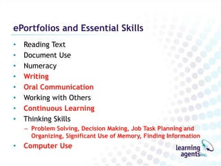 ePortfolios and Essential Skills
•   Reading Text
•   Document Use
•   Numeracy
•   Writing
•   Oral Communication
•   Working with Others
•   Continuous Learning
•   Thinking Skills
    – Problem Solving, Decision Making, Job Task Planning and
      Organizing, Significant Use of Memory, Finding Information
•   Computer Use
 