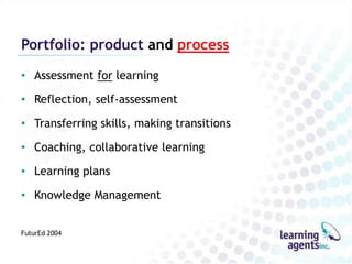 Portfolio: product and process

• Assessment for learning

• Reflection, self-assessment

• Transferring skills, making transitions

• Coaching, collaborative learning

• Learning plans

• Knowledge Management


FuturEd 2004
 