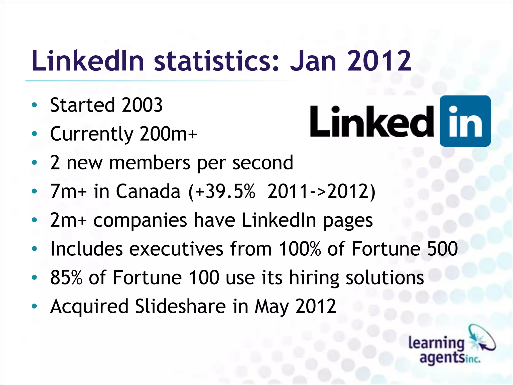 LinkedIn statistics: Jan 2012
•   Started 2003
•   Currently 200m+
•   2 new members per second
•   7m+ in Canada (+39.5% 2011->2012)
•   2m+ companies have LinkedIn pages
•   Includes executives from 100% of Fortune 500
•   85% of Fortune 100 use its hiring solutions
•   Acquired Slideshare in May 2012
 