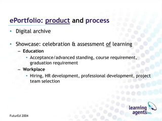 ePortfolio: product and process
• Digital archive

• Showcase: celebration & assessment of learning
     – Education
        • Acceptance/advanced standing, course requirement,
          graduation requirement
     – Workplace
        • Hiring, HR development, professional development, project
          team selection




FuturEd 2004
 