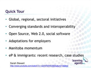 Quick Tour

• Global, regional, sectoral initiatives

• Converging standards and interoperability

• Open Source, Web 2.0, social software

• Adaptations for employers

• Manitoba momentum

• eP & immigrants: recent research, case studies

   Sarah Stewart
   http://www.youtube.com/watch?v=-t2dXPb9Wc8&feature=related
 