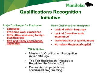 Qualifications Recognition
                     Initiative
Major Challenges for Employers      Major Challenges for Immigrants
• Language                          • Lack of official language
• Providing work experience
                                    • Lack of Canadian work
• Difficulties assessing foreign
  qualifications                      experience
• New and timely approaches,        • Transferability of qualifications
  capacities                        • No networking/social capital
                   QR Initiative
                 • Manitoba’s Qualification Recognition
                    Action Strategy
                 • The Fair Registration Practices in
                   Regulated Professions Act
                 • Demonstration projects and
                   specialized programming
 