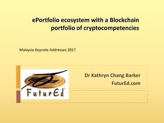 ePortfolio ecosystem with a Blockchain
portfolio of cryptocompetencies
Dr Kathryn Chang Barker
FuturEd.com
Malaysia Keynote Addresses 2017
 