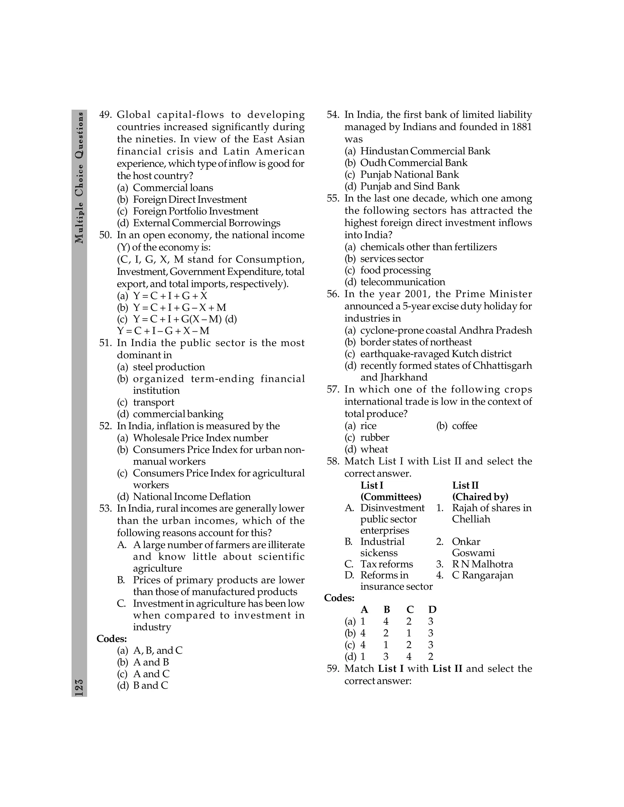 123
M
ultiple
Choice
Q
uestions
49. Global capital-flows to developing
countries increased significantly during
the nineties. In view of the East Asian
financial crisis and Latin American
experience, which typeofinflow is good for
the host country?
(a) Commercial loans
(b) ForeignDirect Investment
(c) Foreign Portfolio Investment
(d) External Commercial Borrowings
50. In an open economy, the national income
(Y) of the economy is:
(C, I, G, X, M stand for Consumption,
Investment, Government Expenditure, total
export, and total imports, respectively).
(a) Y = C + I + G + X
(b) Y = C + I + G – X + M
(c) Y = C + I + G(X – M) (d)
Y = C + I – G + X – M
51. In India the public sector is the most
dominant in
(a) steel production
(b) organized term-ending financial
institution
(c) transport
(d) commercial banking
52. In India, inflation is measured by the
(a) Wholesale Price Index number
(b) Consumers Price Index for urban non-
manual workers
(c) Consumers Price Index for agricultural
workers
(d) National Income Deflation
53. In India, rural incomes are generally lower
than the urban incomes, which of the
following reasons account for this?
A. A large number of farmers are illiterate
and know little about scientific
agriculture
B. Prices of primary products are lower
than those of manufactured products
C. Investment in agriculture has been low
when compared to investment in
industry
Codes:
(a) A, B, and C
(b) A and B
(c) A and C
(d) B and C
54. In India, the first bank of limited liability
managed by Indians and founded in 1881
was
(a) Hindustan Commercial Bank
(b) Oudh Commercial Bank
(c) Punjab National Bank
(d) Punjab and Sind Bank
55. In the last one decade, which one among
the following sectors has attracted the
highest foreign direct investment inflows
into India?
(a) chemicals other than fertilizers
(b) services sector
(c) food processing
(d) telecommunication
56. In the year 2001, the Prime Minister
announced a 5-year excise duty holiday for
industries in
(a) cyclone-prone coastal Andhra Pradesh
(b) border states of northeast
(c) earthquake-ravaged Kutch district
(d) recently formed states of Chhattisgarh
and Jharkhand
57. In which one of the following crops
international trade is low in the context of
total produce?
(a) rice (b) coffee
(c) rubber
(d) wheat
58. Match List I with List II and select the
correct answer.
List I List II
(Committees) (Chaired by)
A. Disinvestment 1. Rajah of shares in
public sector Chelliah
enterprises
B. Industrial 2. Onkar
sickenss Goswami
C. Tax reforms 3. R N Malhotra
D. Reforms in 4. C Rangarajan
insurance sector
Codes:
A B C D
(a) 1 4 2 3
(b) 4 2 1 3
(c) 4 1 2 3
(d) 1 3 4 2
59. Match List I with List II and select the
correct answer:
 