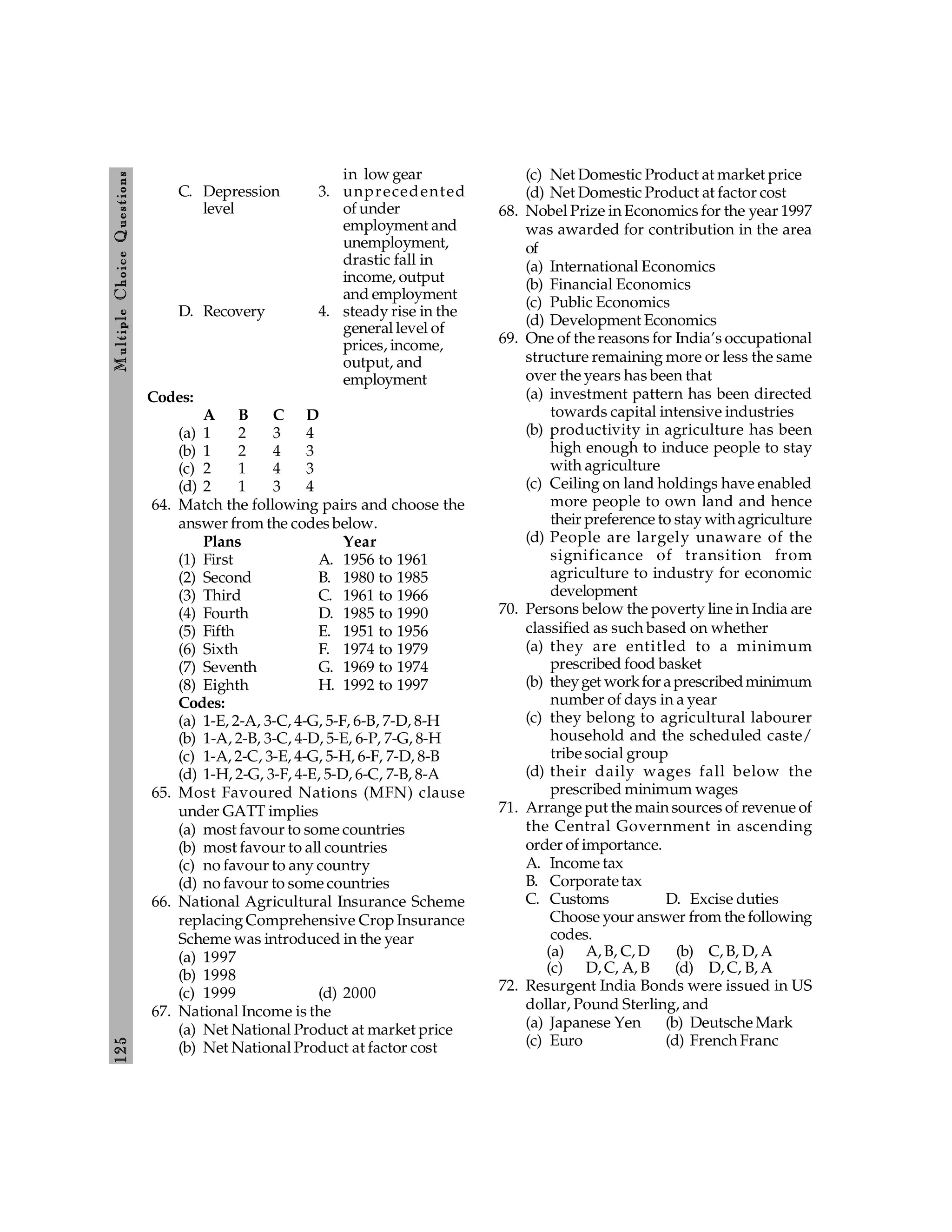 125
M
ultiple
Choice
Q
uestions
in low gear
C. Depression 3. unprecedented
level of under
employment and
unemployment,
drastic fall in
income, output
and employment
D. Recovery 4. steady rise in the
general level of
prices, income,
output, and
employment
Codes:
A B C D
(a) 1 2 3 4
(b) 1 2 4 3
(c) 2 1 4 3
(d) 2 1 3 4
64. Match the following pairs and choose the
answer from the codes below.
Plans Year
(1) First A. 1956 to 1961
(2) Second B. 1980 to 1985
(3) Third C. 1961 to 1966
(4) Fourth D. 1985 to 1990
(5) Fifth E. 1951 to 1956
(6) Sixth F. 1974 to 1979
(7) Seventh G. 1969 to 1974
(8) Eighth H. 1992 to 1997
Codes:
(a) 1-E, 2-A, 3-C, 4-G, 5-F, 6-B, 7-D, 8-H
(b) 1-A, 2-B, 3-C, 4-D, 5-E, 6-P, 7-G, 8-H
(c) 1-A, 2-C, 3-E, 4-G, 5-H, 6-F, 7-D, 8-B
(d) 1-H, 2-G, 3-F, 4-E, 5-D, 6-C, 7-B, 8-A
65. Most Favoured Nations (MFN) clause
under GATT implies
(a) most favour to some countries
(b) most favour to all countries
(c) no favour to any country
(d) no favour to some countries
66. National Agricultural Insurance Scheme
replacing Comprehensive Crop Insurance
Scheme was introduced in the year
(a) 1997
(b) 1998
(c) 1999 (d) 2000
67. National Income is the
(a) Net National Product at market price
(b) Net National Product at factor cost
(c) Net Domestic Product at market price
(d) Net Domestic Product at factor cost
68. Nobel Prize in Economics for the year 1997
was awarded for contribution in the area
of
(a) International Economics
(b) Financial Economics
(c) Public Economics
(d) Development Economics
69. One of the reasons for India’s occupational
structure remaining more or less the same
over the years has been that
(a) investment pattern has been directed
towards capital intensive industries
(b) productivity in agriculture has been
high enough to induce people to stay
with agriculture
(c) Ceiling on land holdings have enabled
more people to own land and hence
their preference to stay withagriculture
(d) People are largely unaware of the
significance of transition from
agriculture to industry for economic
development
70. Persons below the poverty line in India are
classified as such based on whether
(a) they are entitled to a minimum
prescribed food basket
(b) theyget workfor aprescribedminimum
number of days in a year
(c) they belong to agricultural labourer
household and the scheduled caste/
tribe social group
(d) their daily wages fall below the
prescribed minimum wages
71. Arrange put the main sources of revenue of
the Central Government in ascending
order of importance.
A. Income tax
B. Corporatetax
C. Customs D. Excise duties
Choose your answer from the following
codes.
(a) A, B, C, D (b) C, B, D, A
(c) D, C, A, B (d) D, C, B, A
72. Resurgent India Bonds were issued in US
dollar, Pound Sterling, and
(a) Japanese Yen (b) Deutsche Mark
(c) Euro (d) French Franc
 