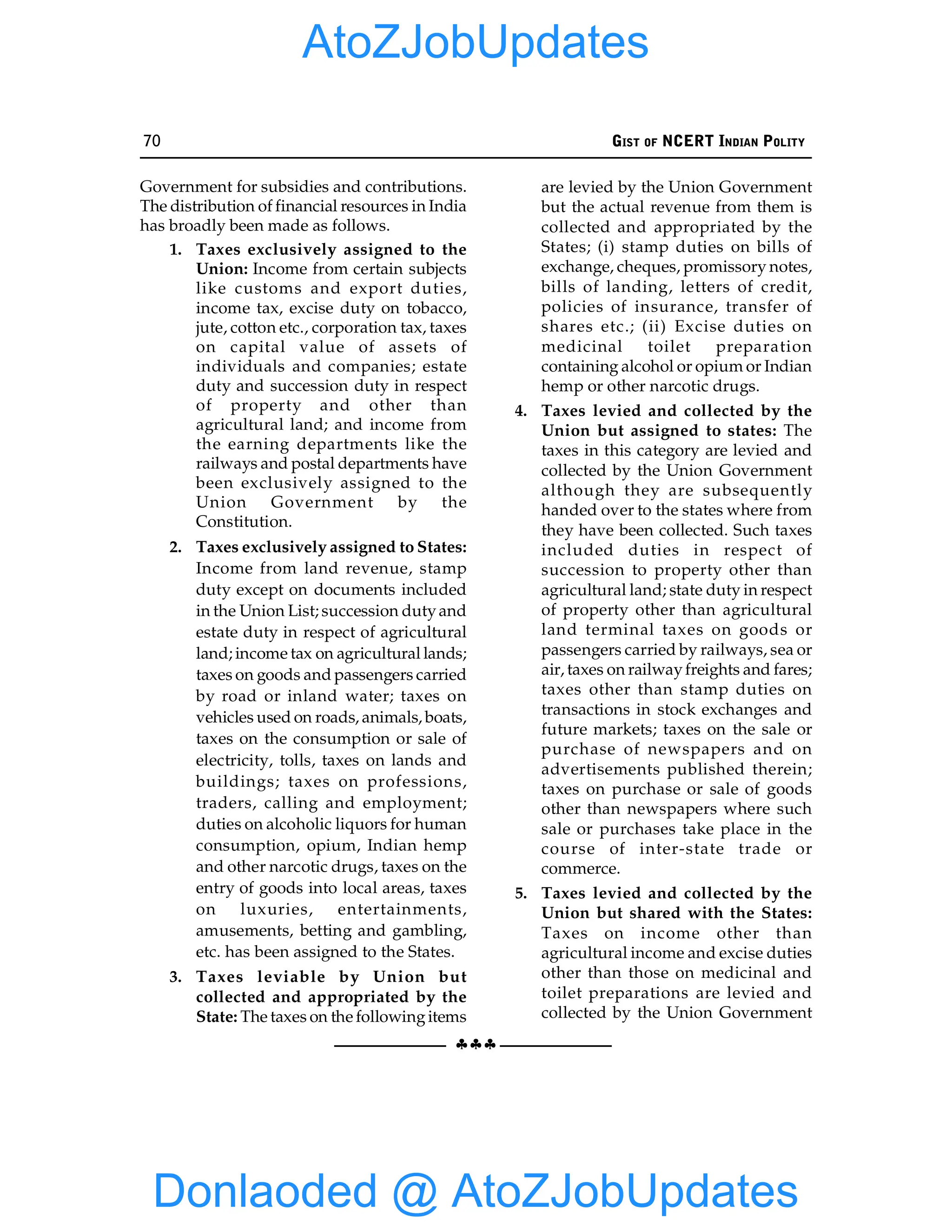 70 GIST OF NCERT INDIAN POLITY
§§§
Government for subsidies and contributions.
The distribution of financial resources in India
has broadly been made as follows.
1. Taxes exclusively assigned to the
Union: Income from certain subjects
like customs and export duties,
income tax, excise duty on tobacco,
jute, cotton etc., corporation tax, taxes
on capital value of assets of
individuals and companies; estate
duty and succession duty in respect
of property and other than
agricultural land; and income from
the earning departments like the
railways and postal departments have
been exclusively assigned to the
Union Government by the
Constitution.
2. Taxes exclusively assigned to States:
Income from land revenue, stamp
duty except on documents included
in the Union List; succession dutyand
estate duty in respect of agricultural
land; income tax on agricultural lands;
taxes on goods and passengers carried
by road or inland water; taxes on
vehicles used on roads, animals, boats,
taxes on the consumption or sale of
electricity, tolls, taxes on lands and
buildings; taxes on professions,
traders, calling and employment;
duties on alcoholic liquors for human
consumption, opium, Indian hemp
and other narcotic drugs, taxes on the
entry of goods into local areas, taxes
on luxuries, entertainments,
amusements, betting and gambling,
etc. has been assigned to the States.
3. Taxes leviable by Union but
collected and appropriated by the
State: The taxes on the followingitems
are levied by the Union Government
but the actual revenue from them is
collected and appropriated by the
States; (i) stamp duties on bills of
exchange, cheques, promissory notes,
bills of landing, letters of credit,
policies of insurance, transfer of
shares etc.; (ii) Excise duties on
medicinal toilet preparation
containing alcohol or opium or Indian
hemp or other narcotic drugs.
4. Taxes levied and collected by the
Union but assigned to states: The
taxes in this category are levied and
collected by the Union Government
although they are subsequently
handed over to the states where from
they have been collected. Such taxes
included duties in respect of
succession to property other than
agricultural land; state duty in respect
of property other than agricultural
land terminal taxes on goods or
passengers carried by railways, sea or
air, taxes on railwayfreights and fares;
taxes other than stamp duties on
transactions in stock exchanges and
future markets; taxes on the sale or
purchase of newspapers and on
advertisements published therein;
taxes on purchase or sale of goods
other than newspapers where such
sale or purchases take place in the
course of inter-state trade or
commerce.
5. Taxes levied and collected by the
Union but shared with the States:
Taxes on income other than
agricultural income and excise duties
other than those on medicinal and
toilet preparations are levied and
collected by the Union Government
Donlaoded @ AtoZJobUpdates
AtoZJobUpdates
 
