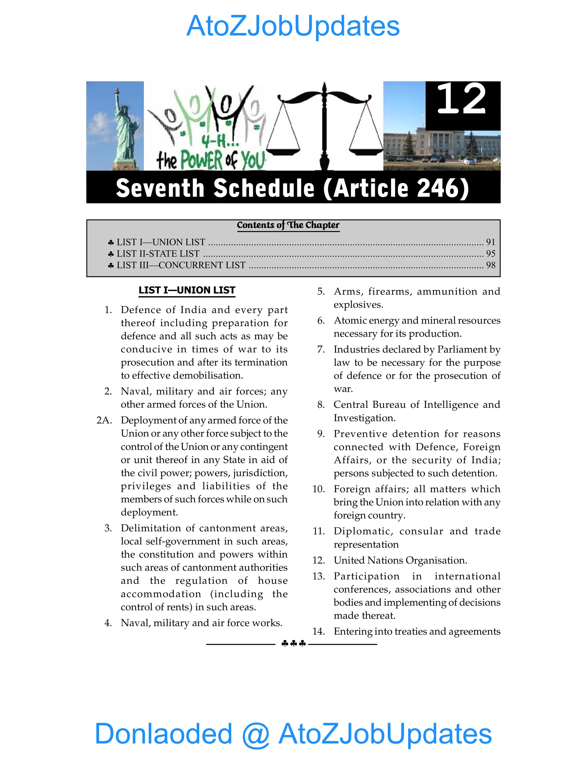 §§§
AMENDMENT OF CONSTITUTION 91
LIST I—UNION LIST
1. Defence of India and every part
thereof including preparation for
defence and all such acts as may be
conducive in times of war to its
prosecution and after its termination
to effective demobilisation.
2. Naval, military and air forces; any
other armed forces of the Union.
2A. Deployment of anyarmed force of the
Union or any other force subject to the
control of the Union or any contingent
or unit thereof in any State in aid of
the civil power; powers, jurisdiction,
privileges and liabilities of the
members of such forces while on such
deployment.
3. Delimitation of cantonment areas,
local self-government in such areas,
the constitution and powers within
such areas of cantonment authorities
and the regulation of house
accommodation (including the
control of rents) in such areas.
4. Naval, military and air force works.
5. Arms, firearms, ammunition and
explosives.
6. Atomic energy and mineral resources
necessary for its production.
7. Industries declared by Parliament by
law to be necessary for the purpose
of defence or for the prosecution of
war.
8. Central Bureau of Intelligence and
Investigation.
9. Preventive detention for reasons
connected with Defence, Foreign
Affairs, or the security of India;
persons subjected to such detention.
10. Foreign affairs; all matters which
bring the Union into relation with any
foreign country.
11. Diplomatic, consular and trade
representation
12. United Nations Organisation.
13. Participation in international
conferences, associations and other
bodies and implementing of decisions
made thereat.
14. Entering into treaties and agreements
Contents of The Chapter
§ LIST I—UNION LIST ............................................................................................................. 91
§ LIST II-STATE LIST ............................................................................................................... 95
§ LIST III—CONCURRENT LIST ............................................................................................. 98
12
Seventh Schedule (Article 246)
Donlaoded @ AtoZJobUpdates
AtoZJobUpdates
 