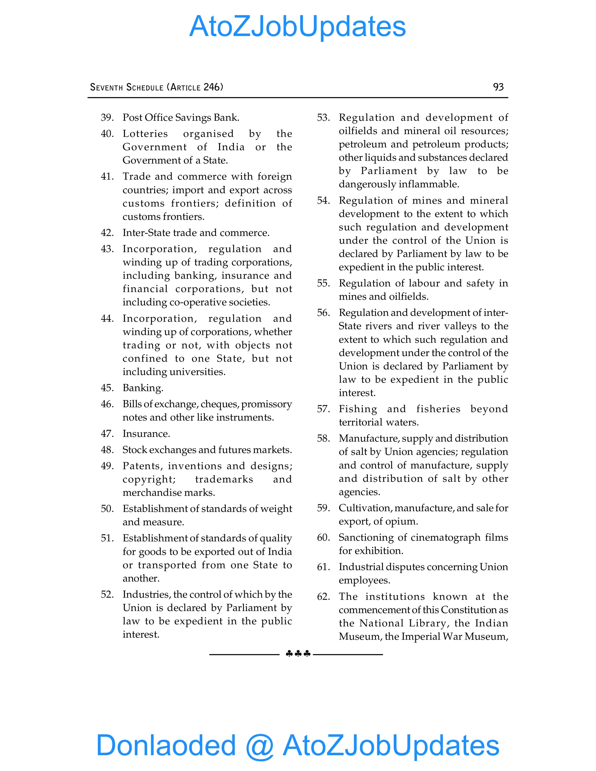 §§§
SEVENTH SCHEDULE (ARTICLE 246) 93
39. Post Office Savings Bank.
40. Lotteries organised by the
Government of India or the
Government of a State.
41. Trade and commerce with foreign
countries; import and export across
customs frontiers; definition of
customs frontiers.
42. Inter-State trade and commerce.
43. Incorporation, regulation and
winding up of trading corporations,
including banking, insurance and
financial corporations, but not
including co-operative societies.
44. Incorporation, regulation and
winding up of corporations, whether
trading or not, with objects not
confined to one State, but not
including universities.
45. Banking.
46. Bills of exchange, cheques, promissory
notes and other like instruments.
47. Insurance.
48. Stock exchanges and futures markets.
49. Patents, inventions and designs;
copyright; trademarks and
merchandise marks.
50. Establishment of standards of weight
and measure.
51. Establishment of standards of quality
for goods to be exported out of India
or transported from one State to
another.
52. Industries, the control of which by the
Union is declared by Parliament by
law to be expedient in the public
interest.
53. Regulation and development of
oilfields and mineral oil resources;
petroleum and petroleum products;
other liquids and substances declared
by Parliament by law to be
dangerously inflammable.
54. Regulation of mines and mineral
development to the extent to which
such regulation and development
under the control of the Union is
declared by Parliament by law to be
expedient in the public interest.
55. Regulation of labour and safety in
mines and oilfields.
56. Regulation and development of inter-
State rivers and river valleys to the
extent to which such regulation and
development under the control of the
Union is declared by Parliament by
law to be expedient in the public
interest.
57. Fishing and fisheries beyond
territorial waters.
58. Manufacture, supply and distribution
of salt by Union agencies; regulation
and control of manufacture, supply
and distribution of salt by other
agencies.
59. Cultivation, manufacture, and sale for
export, of opium.
60. Sanctioning of cinematograph films
for exhibition.
61. Industrial disputes concerning Union
employees.
62. The institutions known at the
commencement of this Constitution as
the National Library, the Indian
Museum, the Imperial War Museum,
Donlaoded @ AtoZJobUpdates
AtoZJobUpdates
 