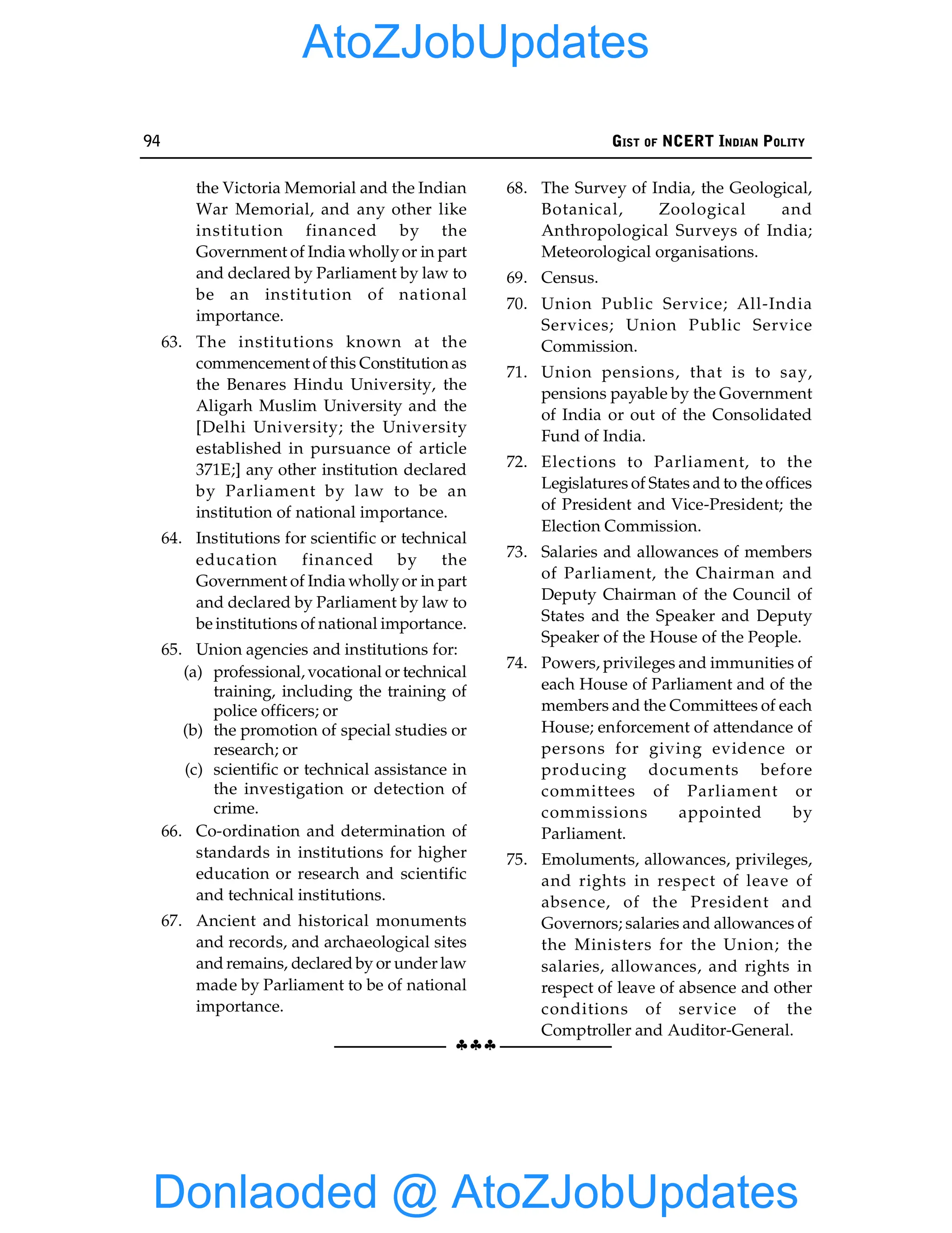 94 GIST OF NCERT INDIAN POLITY
§§§
the Victoria Memorial and the Indian
War Memorial, and any other like
institution financed by the
Government of India whollyor in part
and declared by Parliament by law to
be an institution of national
importance.
63. The institutions known at the
commencement of this Constitution as
the Benares Hindu University, the
Aligarh Muslim University and the
[Delhi University; the University
established in pursuance of article
371E;] any other institution declared
by Parliament by law to be an
institution of national importance.
64. Institutions for scientific or technical
education financed by the
Government of India whollyor in part
and declared by Parliament by law to
be institutions of national importance.
65. Union agencies and institutions for:
(a) professional, vocational or technical
training, including the training of
police officers; or
(b) the promotion of special studies or
research; or
(c) scientific or technical assistance in
the investigation or detection of
crime.
66. Co-ordination and determination of
standards in institutions for higher
education or research and scientific
and technical institutions.
67. Ancient and historical monuments
and records, and archaeological sites
and remains, declared by or under law
made by Parliament to be of national
importance.
68. The Survey of India, the Geological,
Botanical, Zoological and
Anthropological Surveys of India;
Meteorological organisations.
69. Census.
70. Union Public Service; All-India
Services; Union Public Service
Commission.
71. Union pensions, that is to say,
pensions payable by the Government
of India or out of the Consolidated
Fund of India.
72. Elections to Parliament, to the
Legislatures of States and to the offices
of President and Vice-President; the
Election Commission.
73. Salaries and allowances of members
of Parliament, the Chairman and
Deputy Chairman of the Council of
States and the Speaker and Deputy
Speaker of the House of the People.
74. Powers, privileges and immunities of
each House of Parliament and of the
members and the Committees of each
House; enforcement of attendance of
persons for giving evidence or
producing documents before
committees of Parliament or
commissions appointed by
Parliament.
75. Emoluments, allowances, privileges,
and rights in respect of leave of
absence, of the President and
Governors; salaries and allowances of
the Ministers for the Union; the
salaries, allowances, and rights in
respect of leave of absence and other
conditions of service of the
Comptroller and Auditor-General.
Donlaoded @ AtoZJobUpdates
AtoZJobUpdates
 