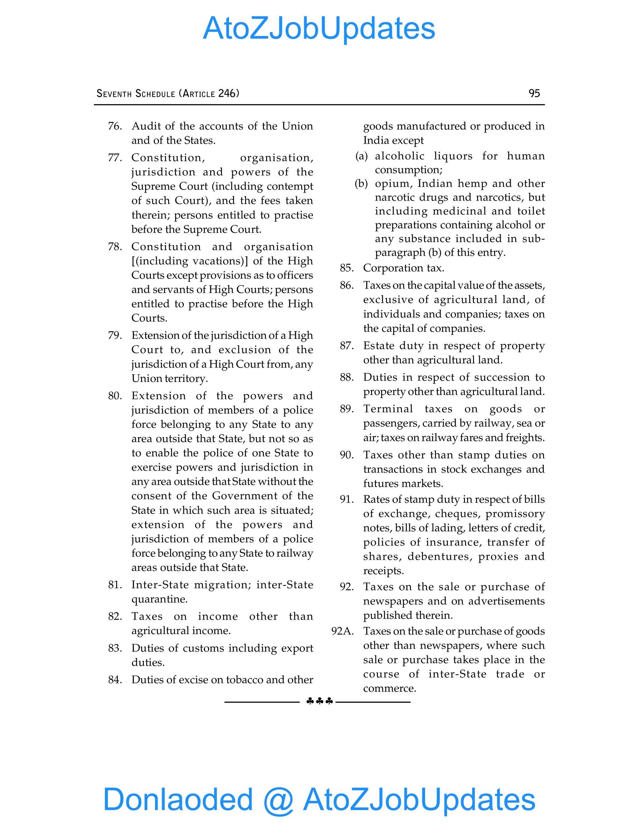 §§§
SEVENTH SCHEDULE (ARTICLE 246) 95
76. Audit of the accounts of the Union
and of the States.
77. Constitution, organisation,
jurisdiction and powers of the
Supreme Court (including contempt
of such Court), and the fees taken
therein; persons entitled to practise
before the Supreme Court.
78. Constitution and organisation
[(including vacations)] of the High
Courts except provisions as to officers
and servants of High Courts; persons
entitled to practise before the High
Courts.
79. Extension of the jurisdiction of a High
Court to, and exclusion of the
jurisdiction of a High Court from, any
Union territory.
80. Extension of the powers and
jurisdiction of members of a police
force belonging to any State to any
area outside that State, but not so as
to enable the police of one State to
exercise powers and jurisdiction in
any area outside that State without the
consent of the Government of the
State in which such area is situated;
extension of the powers and
jurisdiction of members of a police
force belonging to any State to railway
areas outside that State.
81. Inter-State migration; inter-State
quarantine.
82. Taxes on income other than
agricultural income.
83. Duties of customs including export
duties.
84. Duties of excise on tobacco and other
goods manufactured or produced in
India except
(a) alcoholic liquors for human
consumption;
(b) opium, Indian hemp and other
narcotic drugs and narcotics, but
including medicinal and toilet
preparations containing alcohol or
any substance included in sub-
paragraph (b) of this entry.
85. Corporation tax.
86. Taxes on the capital value of the assets,
exclusive of agricultural land, of
individuals and companies; taxes on
the capital of companies.
87. Estate duty in respect of property
other than agricultural land.
88. Duties in respect of succession to
property other than agricultural land.
89. Terminal taxes on goods or
passengers, carried by railway, sea or
air; taxes on railwayfares and freights.
90. Taxes other than stamp duties on
transactions in stock exchanges and
futures markets.
91. Rates of stamp duty in respect of bills
of exchange, cheques, promissory
notes, bills of lading, letters of credit,
policies of insurance, transfer of
shares, debentures, proxies and
receipts.
92. Taxes on the sale or purchase of
newspapers and on advertisements
published therein.
92A. Taxes on the sale or purchase of goods
other than newspapers, where such
sale or purchase takes place in the
course of inter-State trade or
commerce.
Donlaoded @ AtoZJobUpdates
AtoZJobUpdates
 