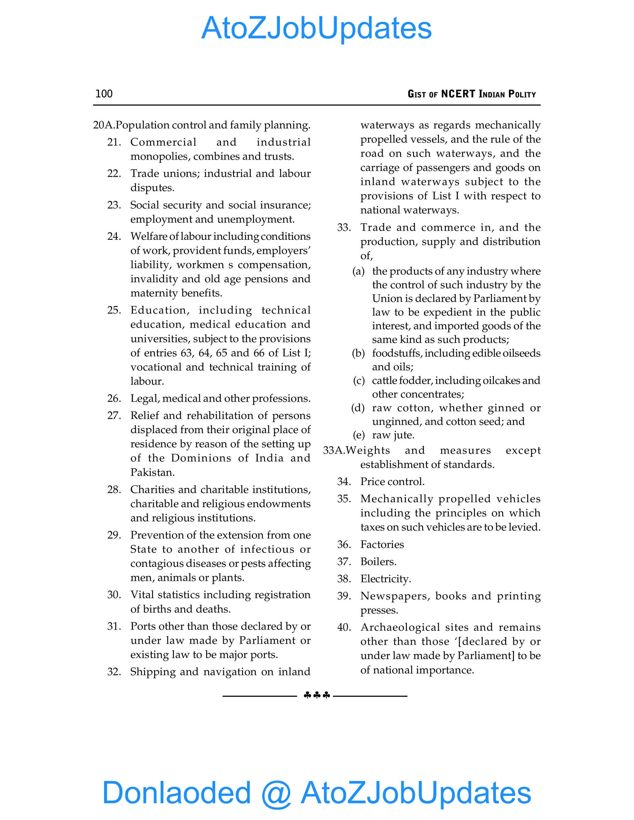100 GIST OF NCERT INDIAN POLITY
§§§
20A.Population control and family planning.
21. Commercial and industrial
monopolies, combines and trusts.
22. Trade unions; industrial and labour
disputes.
23. Social security and social insurance;
employment and unemployment.
24. Welfare oflabour includingconditions
of work, provident funds, employers’
liability, workmen s compensation,
invalidity and old age pensions and
maternity benefits.
25. Education, including technical
education, medical education and
universities, subject to the provisions
of entries 63, 64, 65 and 66 of List I;
vocational and technical training of
labour.
26. Legal, medical and other professions.
27. Relief and rehabilitation of persons
displaced from their original place of
residence by reason of the setting up
of the Dominions of India and
Pakistan.
28. Charities and charitable institutions,
charitable and religious endowments
and religious institutions.
29. Prevention of the extension from one
State to another of infectious or
contagious diseases or pests affecting
men, animals or plants.
30. Vital statistics including registration
of births and deaths.
31. Ports other than those declared by or
under law made by Parliament or
existing law to be major ports.
32. Shipping and navigation on inland
waterways as regards mechanically
propelled vessels, and the rule of the
road on such waterways, and the
carriage of passengers and goods on
inland waterways subject to the
provisions of List I with respect to
national waterways.
33. Trade and commerce in, and the
production, supply and distribution
of,
(a) the products of any industry where
the control of such industry by the
Union is declared by Parliament by
law to be expedient in the public
interest, and imported goods of the
same kind as such products;
(b) foodstuffs, including edible oilseeds
and oils;
(c) cattle fodder, includingoilcakes and
other concentrates;
(d) raw cotton, whether ginned or
unginned, and cotton seed; and
(e) raw jute.
33A.Weights and measures except
establishment of standards.
34. Price control.
35. Mechanically propelled vehicles
including the principles on which
taxes on such vehicles are to be levied.
36. Factories
37. Boilers.
38. Electricity.
39. Newspapers, books and printing
presses.
40. Archaeological sites and remains
other than those ‘[declared by or
under law made by Parliament] to be
of national importance.
Donlaoded @ AtoZJobUpdates
AtoZJobUpdates
 