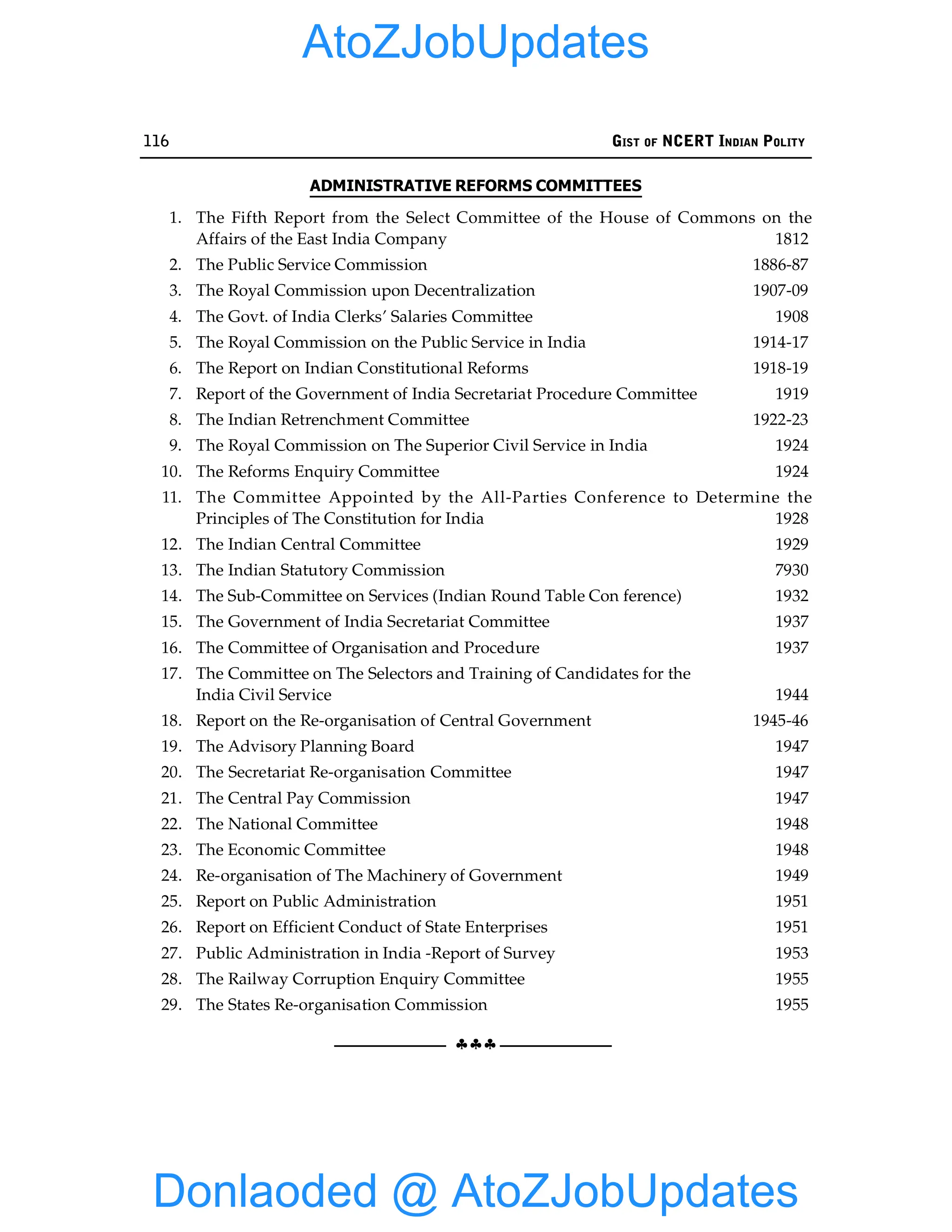 116 GIST OF NCERT INDIAN POLITY
§§§
ADMINISTRATIVE REFORMS COMMITTEES
1. The Fifth Report from the Select Committee of the House of Commons on the
Affairs of the East India Company 1812
2. The Public Service Commission 1886-87
3. The Royal Commission upon Decentralization 1907-09
4. The Govt. of India Clerks’ Salaries Committee 1908
5. The Royal Commission on the Public Service in India 1914-17
6. The Report on Indian Constitutional Reforms 1918-19
7. Report of the Government of India Secretariat Procedure Committee 1919
8. The Indian Retrenchment Committee 1922-23
9. The Royal Commission on The Superior Civil Service in India 1924
10. The Reforms Enquiry Committee 1924
11. The Committee Appointed by the All-Parties Conference to Determine the
Principles of The Constitution for India 1928
12. The Indian Central Committee 1929
13. The Indian Statutory Commission 7930
14. The Sub-Committee on Services (Indian Round Table Con ference) 1932
15. The Government of India Secretariat Committee 1937
16. The Committee of Organisation and Procedure 1937
17. The Committee on The Selectors and Training of Candidates for the
India Civil Service 1944
18. Report on the Re-organisation of Central Government 1945-46
19. The Advisory Planning Board 1947
20. The Secretariat Re-organisation Committee 1947
21. The Central Pay Commission 1947
22. The National Committee 1948
23. The Economic Committee 1948
24. Re-organisation of The Machinery of Government 1949
25. Report on Public Administration 1951
26. Report on Efficient Conduct of State Enterprises 1951
27. Public Administration in India -Report of Survey 1953
28. The Railway Corruption Enquiry Committee 1955
29. The States Re-organisation Commission 1955
Donlaoded @ AtoZJobUpdates
AtoZJobUpdates
 