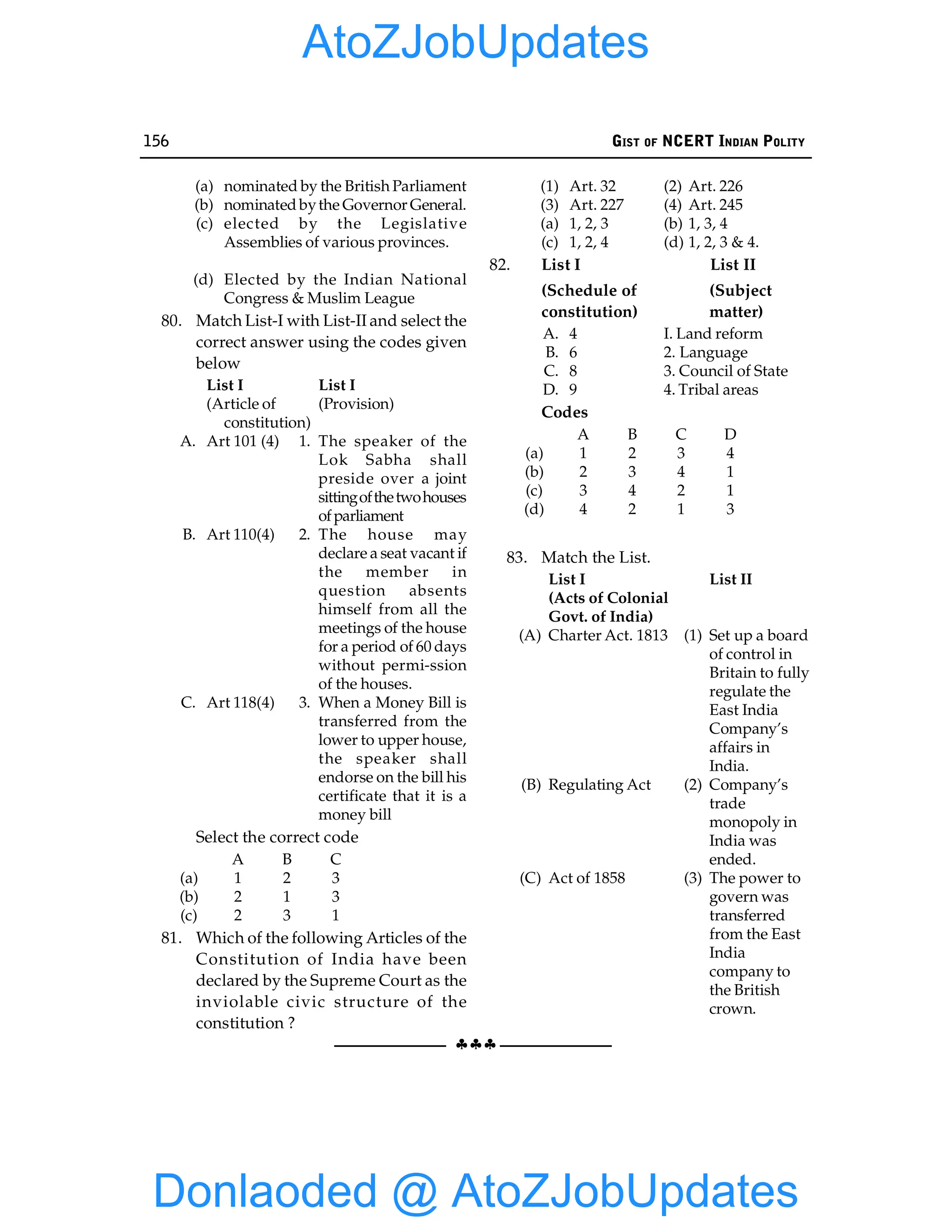 156 GIST OF NCERT INDIAN POLITY
§§§
(a) nominated by the British Parliament
(b) nominated bythe Governor General.
(c) elected by the Legislative
Assemblies of various provinces.
(d) Elected by the Indian National
Congress & Muslim League
80. Match List-I with List-II and select the
correct answer using the codes given
below
List I List I
(Article of (Provision)
constitution)
A. Art 101 (4) 1. The speaker of the
Lok Sabha shall
preside over a joint
sittingofthetwohouses
ofparliament
B. Art 110(4) 2. The house may
declare a seat vacant if
the member in
question absents
himself from all the
meetings of the house
for a period of 60 days
without permi-ssion
of the houses.
C. Art 118(4) 3. When a Money Bill is
transferred from the
lower to upper house,
the speaker shall
endorse on the bill his
certificate that it is a
money bill
Select the correct code
A B C
(a) 1 2 3
(b) 2 1 3
(c) 2 3 1
81. Which of the following Articles of the
Constitution of India have been
declared by the Supreme Court as the
inviolable civic structure of the
constitution ?
(1) Art. 32 (2) Art. 226
(3) Art. 227 (4) Art. 245
(a) 1, 2, 3 (b) 1, 3, 4
(c) 1, 2, 4 (d) 1, 2, 3 & 4.
82. List I List II
(Schedule of (Subject
constitution) matter)
A. 4 I. Land reform
B. 6 2. Language
C. 8 3. Council of State
D. 9 4. Tribal areas
Codes
A B C D
(a) 1 2 3 4
(b) 2 3 4 1
(c) 3 4 2 1
(d) 4 2 1 3
83. Match the List.
List I List II
(Acts of Colonial
Govt. of India)
(A) Charter Act. 1813 (1) Set up a board
of control in
Britain to fully
regulate the
East India
Company’s
affairs in
India.
(B) Regulating Act (2) Company’s
trade
monopoly in
India was
ended.
(C) Act of 1858 (3) The power to
govern was
transferred
from the East
India
company to
the British
crown.
Donlaoded @ AtoZJobUpdates
AtoZJobUpdates
 