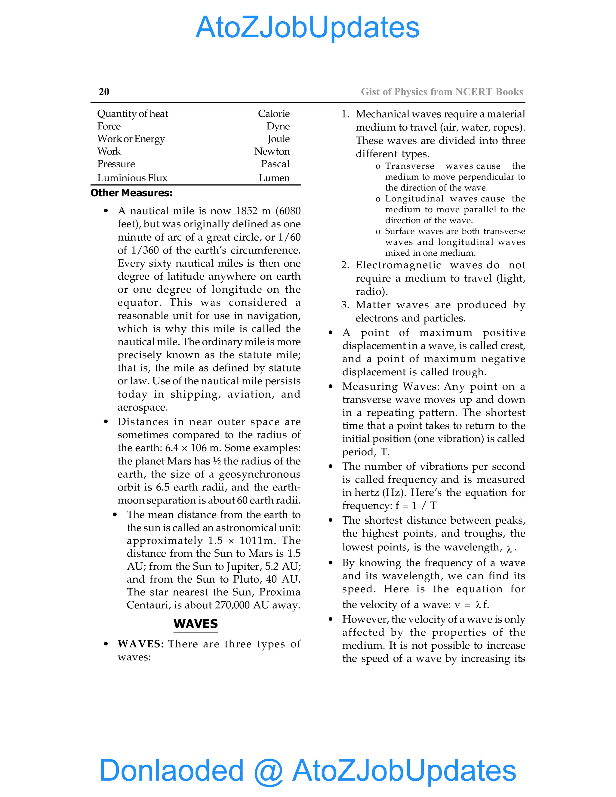 20 Gist of Physics from NCERT Books
Quantity of heat Calorie
Force Dyne
Workor Energy Joule
Work Newton
Pressure Pascal
Luminious Flux Lumen
Other Measures:
• A nautical mile is now 1852 m (6080
feet), but was originally defined as one
minute of arc of a great circle, or 1/60
of 1/360 of the earth’s circumference.
Every sixty nautical miles is then one
degree of latitude anywhere on earth
or one degree of longitude on the
equator. This was considered a
reasonable unit for use in navigation,
which is why this mile is called the
nautical mile. The ordinary mile is more
precisely known as the statute mile;
that is, the mile as defined by statute
or law. Use of the nautical mile persists
today in shipping, aviation, and
aerospace.
• Distances in near outer space are
sometimes compared to the radius of
the earth: 6.4 × 106 m. Some examples:
the planet Mars has ½ the radius of the
earth, the size of a geosynchronous
orbit is 6.5 earth radii, and the earth-
moon separation is about 60 earth radii.
• The mean distance from the earth to
the sun is called an astronomical unit:
approximately 1.5 × 1011m. The
distance from the Sun to Mars is 1.5
AU; from the Sun to Jupiter, 5.2 AU;
and from the Sun to Pluto, 40 AU.
The star nearest the Sun, Proxima
Centauri, is about 270,000 AU away.
WAVES
• WAVES: There are three types of
waves:
1. Mechanical waves require a material
medium to travel (air, water, ropes).
These waves are divided into three
different types.
o Transverse waves cause the
medium to move perpendicular to
the direction of the wave.
o Longitudinal waves cause the
medium to move parallel to the
direction of the wave.
o Surface waves are both transverse
waves and longitudinal waves
mixed in one medium.
2. Electromagnetic waves do not
require a medium to travel (light,
radio).
3. Matter waves are produced by
electrons and particles.
• A point of maximum positive
displacement in a wave, is called crest,
and a point of maximum negative
displacement is called trough.
• Measuring Waves: Any point on a
transverse wave moves up and down
in a repeating pattern. The shortest
time that a point takes to return to the
initial position (one vibration) is called
period, T.
• The number of vibrations per second
is called frequency and is measured
in hertz (Hz). Here’s the equation for
frequency: f = 1 / T
• The shortest distance between peaks,
the highest points, and troughs, the
lowest points, is the wavelength, λ .
• By knowing the frequency of a wave
and its wavelength, we can find its
speed. Here is the equation for
the velocity of a wave: v = λ f.
• However, the velocity of a wave is only
affected by the properties of the
medium. It is not possible to increase
the speed of a wave by increasing its
Donlaoded @ AtoZJobUpdates
AtoZJobUpdates
 