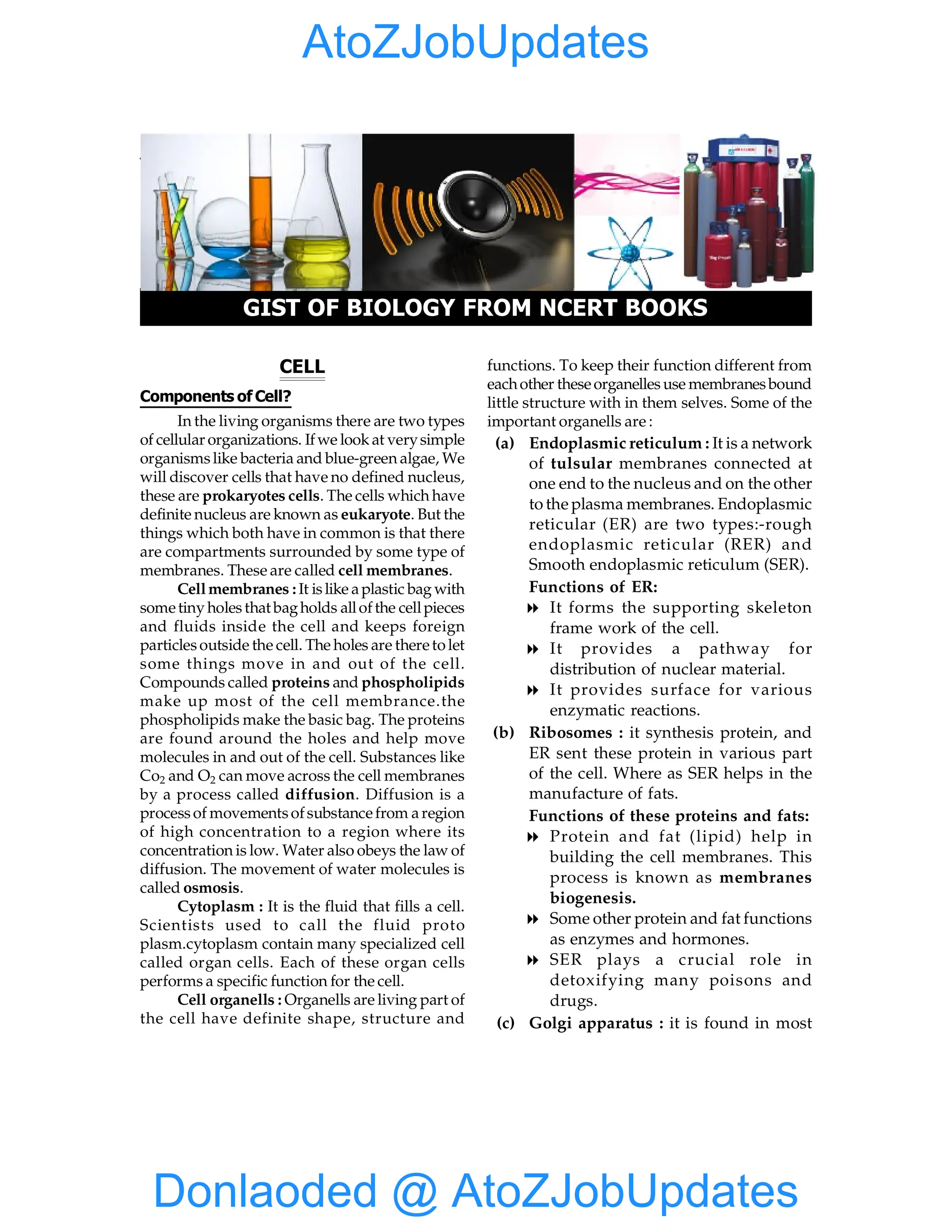 52 Gist of Biology from NCERT Books
CELL
Components of Cell?
In the living organisms there are two types
of cellular organizations. Ifwe look at verysimple
organismslike bacteria and blue-green algae, We
will discover cells that have no defined nucleus,
these are prokaryotes cells. The cells which have
definite nucleus are known as eukaryote. But the
things which both have in common is that there
are compartments surrounded by some type of
membranes. These are called cell membranes.
Cellmembranes : It islike aplastic bag with
sometiny holesthat bagholds allofthe cellpieces
and fluids inside the cell and keeps foreign
particlesoutside the cell. The holes are theretolet
some things move in and out of the cell.
Compounds called proteins and phospholipids
make up most of the cell membrance.the
phospholipids make the basic bag. The proteins
are found around the holes and help move
molecules in and out of the cell. Substances like
Co2 and O2 can move across the cell membranes
by a process called diffusion. Diffusion is a
processof movementsofsubstancefrom aregion
of high concentration to a region where its
concentration is low. Water also obeys the law of
diffusion. The movement of water molecules is
called osmosis.
Cytoplasm : It is the fluid that fills a cell.
Scientists used to call the fluid proto
plasm.cytoplasm contain many specialized cell
called organ cells. Each of these organ cells
performs a specific function for the cell.
Cell organells : Organells are living part of
the cell have definite shape, structure and
GIST OF BIOLOGY FROM NCERT BOOKS
functions. To keep their function different from
eachother theseorganellesuse membranesbound
little structure with in them selves. Some of the
important organells are :
(a) Endoplasmic reticulum : It is a network
of tulsular membranes connected at
one end to the nucleus and on the other
to the plasma membranes. Endoplasmic
reticular (ER) are two types:-rough
endoplasmic reticular (RER) and
Smooth endoplasmic reticulum (SER).
Functions of ER:
8 It forms the supporting skeleton
frame work of the cell.
8 It provides a pathway for
distribution of nuclear material.
8 It provides surface for various
enzymatic reactions.
(b) Ribosomes : it synthesis protein, and
ER sent these protein in various part
of the cell. Where as SER helps in the
manufacture of fats.
Functions of these proteins and fats:
8 Protein and fat (lipid) help in
building the cell membranes. This
process is known as membranes
biogenesis.
8 Some other protein and fat functions
as enzymes and hormones.
8 SER plays a crucial role in
detoxifying many poisons and
drugs.
(c) Golgi apparatus : it is found in most
Donlaoded @ AtoZJobUpdates
AtoZJobUpdates
 