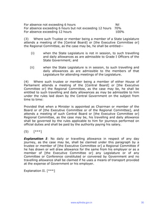 For absence not exceeding 6 hours Nil
For absence exceeding 6 hours but not exceeding 12 hours 70%
For absence exceeding 12 hours 100%
(3) Where such Trustee or member being a member of a State Legislature
attends a meeting of the [Central Board] or [the Executive Committee or]
the Regional Committee, as the case may be, he shall be entitled—
(i) when the State Legislature is not in session, to such travelling
and daily allowances as are admissible to Grade I Officers of the
State Government; and
(ii) when the State Legislature is in session, to such travelling and
daily allowances as are admissible to the members of that
Legislature for attending meetings of the Legislature.
(4) Where such trustee or member being a member of either House of
Parliament attends a meeting of the [Central Board] or [the Executive
Committee or] the Regional Committee, as the case may be, he shall be
entitled to such travelling and daily allowances as may be admissible to him
under the rules laid down by the Central Government on the subject from
time to time:
Provided that when a Minister is appointed as Chairman or member of the
Board or of [the Executive Committee or of the Regional Committee], and
attends a meeting of such Central Board or [the Executive Committee or]
Regional Committee, as the case may be, his travelling and daily allowance
shall be governed by the rules applicable to him for journeys performed on
official duties and shall be paid by the authority paying his salary.
(5) [***]
Explanation I: No daily or travelling allowance in respect of any day
journey, as the case may be, shall be claimed under this paragraph by a
trustee or member of [the Executive Committee or] a Regional Committee if
he has drawn or will draw allowance for the same from his employer or as a
member of [the Executive Committee or] any Legislature or of any
Committee or Conference constituted or convened by Government and no
travelling allowance shall be claimed if he uses a means of transport provided
at the expense of Government or his employer.
Explanation II. [***]
www.epfindia.gov.in 30
 