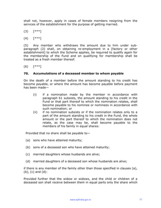 shall not, however, apply in cases of female members resigning from the
services of the establishment for the purpose of getting married.
(3) [***]
(4) [***]
(5) Any member who withdraws the amount due to him under sub-
paragraph (2) shall, on obtaining re-employment in a [factory or other
establishment] to which the Scheme applies, be required to qualify again for
the membership of the Fund and on qualifying for membership shall be
treated as a fresh member thereof.
(6) [***]
70. Accumulations of a deceased member to whom payable
On the death of a member before the amount standing to his credit has
become payable, or where the amount has become payable before payment
has been made—
(i) if a nomination made by the member in accordance with
paragraph 61 subsists, the amount standing to his credit in the
Fund or that part thereof to which the nomination relates, shall
become payable to his nominee or nominees in accordance with
such nomination; or
(ii) if no nomination subsists or if the nomination relates only to a
part of the amount standing to his credit in the Fund, the whole
amount or the part thereof to which the nomination does not
relate, as the case may be, shall become payable to the
members of his family in equal shares:
Provided that no share shall be payable to—
(a) sons who have attained maturity;
(b) sons of a deceased son who have attained maturity;
(c) married daughters whose husbands are alive;
(d) married daughters of a deceased son whose husbands are alive;
if there is any member of the family other than those specified in clauses (a),
(b), (c) and (d):
Provided further that the widow or widows, and the child or children of a
deceased son shall receive between them in equal parts only the share which
www.epfindia.gov.in 77
 