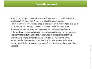 Investissement




 Le Fonds n'a pas d'investisseurs extérieur et est considéré comme un
fonds privé géré par des Privées, semblable à une banque
commerciale qui investit son propre capital et en tant que telle elle est à
la recherche de capital a soutenir à travers l'identification et le
financement des sociétés en croissance et fort besoin de liquide.
Ce fonds approchera diverses entreprises publique et privée dans le
secteur manufacturier, la construction, les services professionnels,
l’Agriculture, l’Agro-alimentaires, la santé et la finance qui sont à la
recherche de financement pour des acquisitions ou de croissance,
ce qui est difficile à trouver étant donné la crise économique mondiale
actuelle.
 