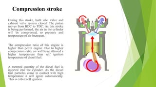 Compression stroke
During this stroke, both inlet valve and
exhaust valve remain closed. The piston
moves from BDC to TDC. As this stroke
is being performed, the air in the cylinder
will be compressed, so pressure and
temperature of air increases.
The compression ratio of this engine is
higher than petrol engine. Due to higher
compression ratio, air will have attained a
higher temperature than self ignition
temperature of diesel fuel.
A metered quantity of the diesel fuel is
injected into the cylinder. As the diesel
fuel particles come in contact with high
temperature it will ignite automatically.
This is called self ignition
 