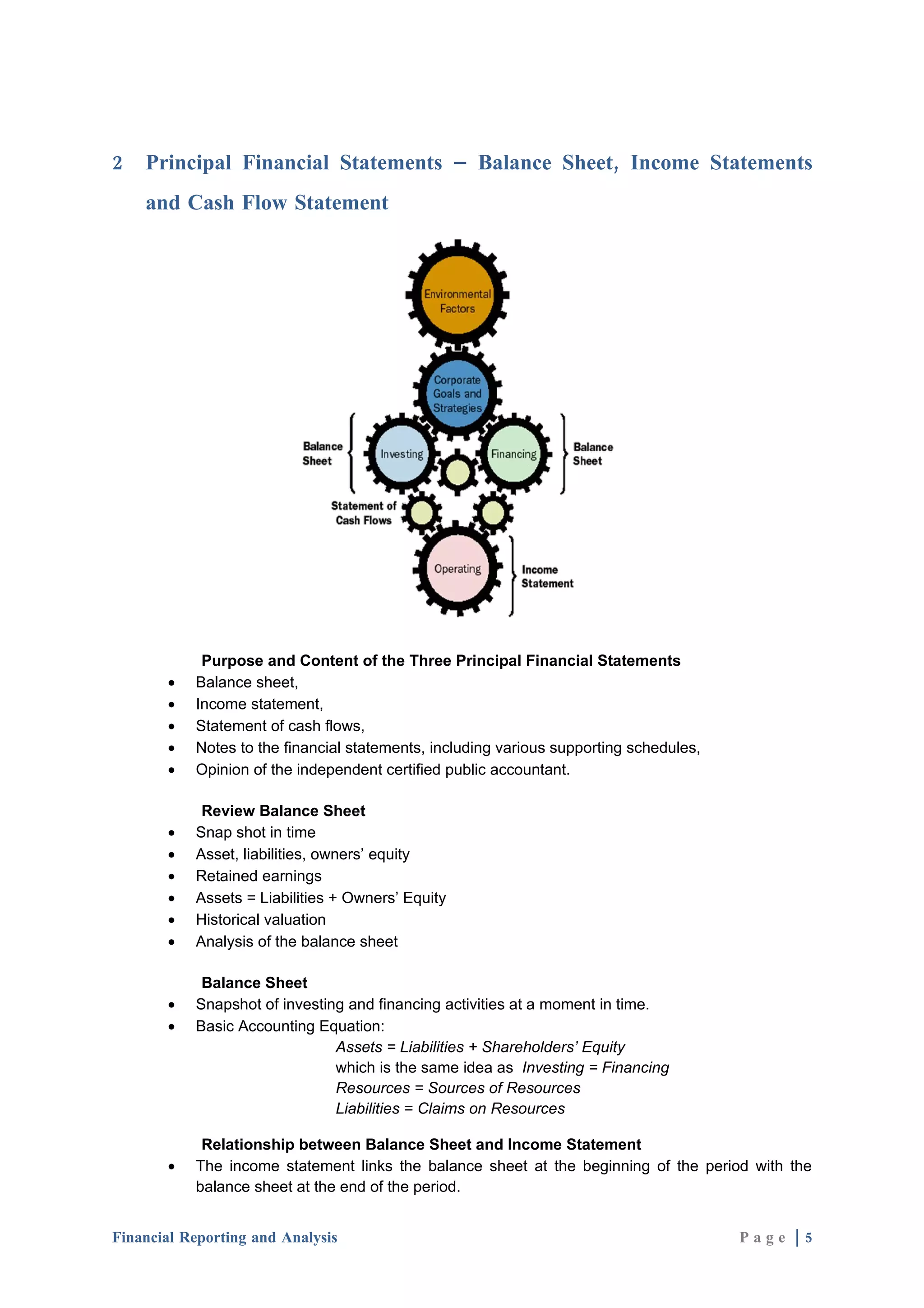 2   Principal Financial Statements – Balance Sheet, Income Statements
    and Cash Flow Statement




            Purpose and Content of the Three Principal Financial Statements
       •   Balance sheet,
       •   Income statement,
       •   Statement of cash flows,
       •   Notes to the financial statements, including various supporting schedules,
       •   Opinion of the independent certified public accountant.

            Review Balance Sheet
       •   Snap shot in time
       •   Asset, liabilities, owners’ equity
       •   Retained earnings
       •   Assets = Liabilities + Owners’ Equity
       •   Historical valuation
       •   Analysis of the balance sheet

            Balance Sheet
       •   Snapshot of investing and financing activities at a moment in time.
       •   Basic Accounting Equation:
                               Assets = Liabilities + Shareholders’ Equity
                               which is the same idea as Investing = Financing
                               Resources = Sources of Resources
                               Liabilities = Claims on Resources

            Relationship between Balance Sheet and Income Statement
       •   The income statement links the balance sheet at the beginning of the period with the
           balance sheet at the end of the period.


Financial Reporting and Analysis                                                        Page |5
 