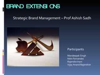 BRAND EXTENSIONS Participants Mandeepak Singh Nitin Fernandes Rajendra Inani Vijay Anand Rajendran Strategic Brand Management – Prof Ashish Sadh 