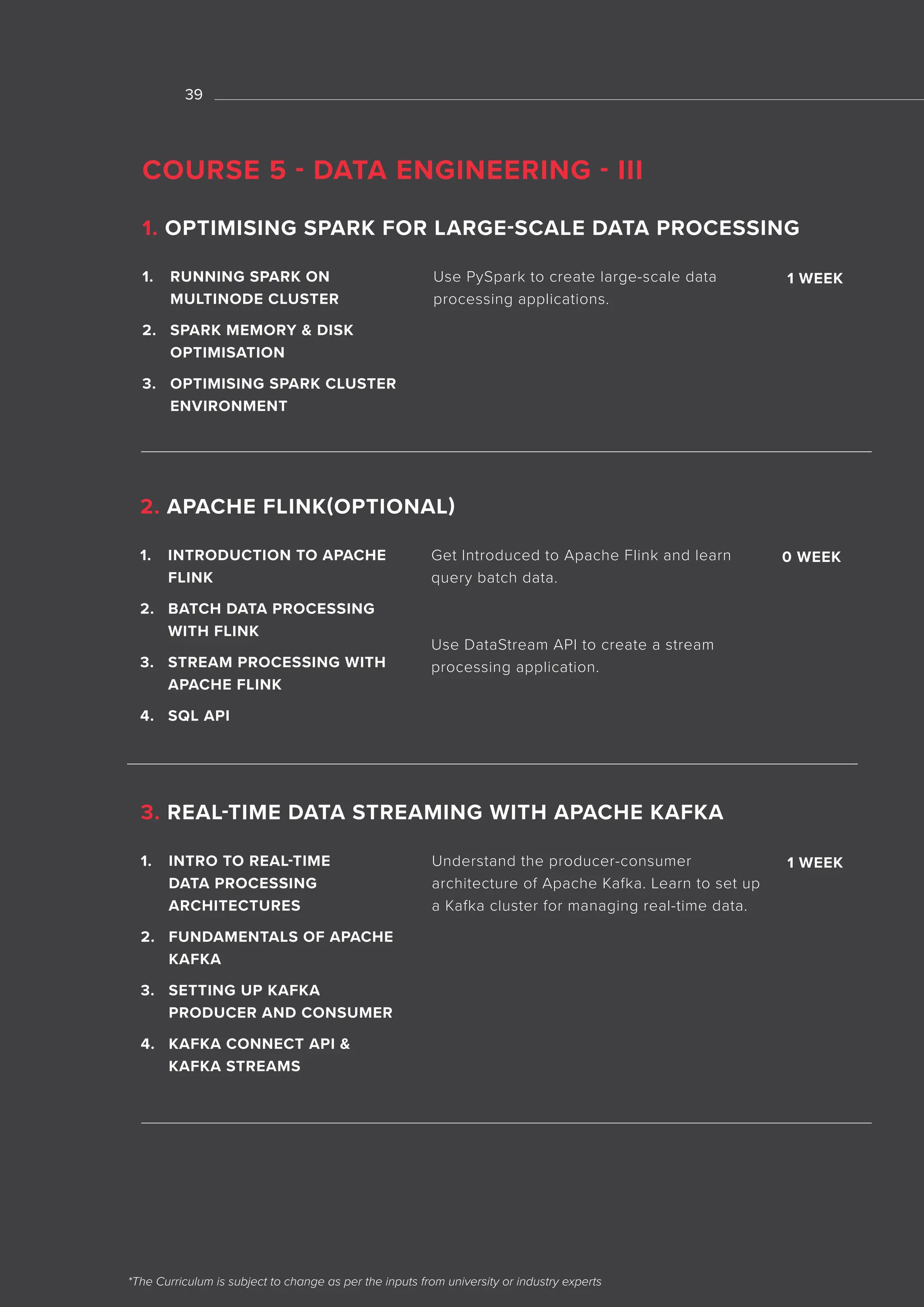 01
*The Curriculum is subject to change as per the inputs from university or industry experts
39
1. INTRODUCTION TO APACHE
FLINK
2. BATCH DATA PROCESSING
WITH FLINK
3. STREAM PROCESSING WITH
APACHE FLINK
4. SQL API
Get Introduced to Apache Flink and learn
query batch data.
Use DataStream API to create a stream
processing application.
0 WEEK
2. APACHE FLINK(OPTIONAL)
1. INTRO TO REAL-TIME
DATA PROCESSING
ARCHITECTURES
2. FUNDAMENTALS OF APACHE
KAFKA
3. SETTING UP KAFKA
PRODUCER AND CONSUMER
4. KAFKA CONNECT API &
KAFKA STREAMS
Understand the producer-consumer
architecture of Apache Kafka. Learn to set up
a Kafka cluster for managing real-time data.
1 WEEK
3. REAL-TIME DATA STREAMING WITH APACHE KAFKA
COURSE 5 - DATA ENGINEERING - III
1. RUNNING SPARK ON
MULTINODE CLUSTER
2. SPARK MEMORY & DISK
OPTIMISATION
3. OPTIMISING SPARK CLUSTER
ENVIRONMENT
Use PySpark to create large-scale data
processing applications.
1 WEEK
1. OPTIMISING SPARK FOR LARGE-SCALE DATA PROCESSING
 