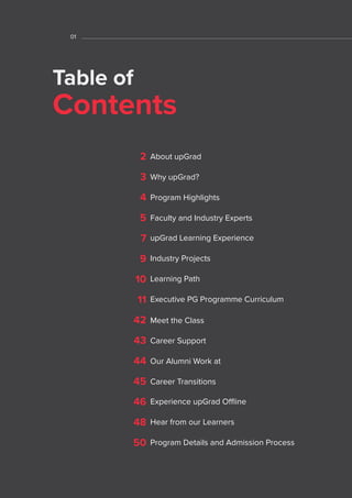 01
Table of
Contents
01
46 Experience upGrad Offline
48 Hear from our Learners
50 Program Details and Admission Process
4 Program Highlights
2 About upGrad
5 Faculty and Industry Experts
7 upGrad Learning Experience
11 Executive PG Programme Curriculum
42 Meet the Class
43 Career Support
10 Learning Path
9 Industry Projects
3 Why upGrad?
44 Our Alumni Work at
45 Career Transitions
 