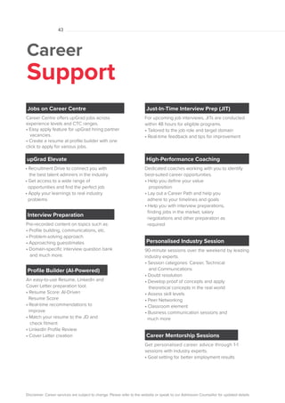 01
Career
Support
Dedicated coaches working with you to identify
best-suited career opportunities.
• Help you define your value
proposition
• Lay out a Career Path and help you
adhere to your timelines and goals
• Help you with interview preparations,
finding jobs in the market, salary
negotiations and other preparation as
required
High-Performance Coaching
For upcoming job interviews, JITs are conducted
within 48 hours for eligible programs.
• Tailored to the job role and target domain
• Real-time feedback and tips for improvement
Just-In-Time Interview Prep (JIT)
Get personalised career advice through 1-1
sessions with industry experts.
• Goal setting for better employment results
Career Mentorship Sessions
90-minute sessions over the weekend by leading
industry experts.
• Session categories: Career, Technical
and Communications
• Doubt resolution
• Develop proof of concepts and apply
theoretical concepts in the real world
• Assess skill levels
• Peer Networking
• Classroom element
• Business communication sessions and
much more
Personalised Industry Session
An easy-to-use Resume, LinkedIn and
Cover Letter preparation tool.
• Resume Score: AI-Driven
Resume Score
• Real-time recommendations to
improve
• Match your resume to the JD and
check fitment
• LinkedIn Profile Review
• Cover Letter creation
Profile Builder (AI-Powered)
Pre-recorded content on topics such as:
• Profile building, communications, etc.
• Problem-solving approach
• Approaching guesstimates
• Domain-specific interview question bank
and much more.
Interview Preparation
Career Centre offers upGrad jobs across
experience levels and CTC ranges.
• Easy apply feature for upGrad hiring partner
vacancies.
• Create a resume at profile builder with one
click to apply for various jobs.
Jobs on Career Centre
• Recruitment Drive to connect you with
the best talent admirers in the industry
• Get access to a wide range of
opportunities and find the perfect job
• Apply your learnings to real industry
problems
upGrad Elevate
43
Disclaimer: Career services are subject to change. Please refer to the website or speak to our Admission Counsellor for updated details.
 