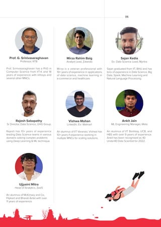 06
Prof. G. Srinivasaraghavan
Professor, IIITB
Prof. Srinivasaraghavan has a PhD in
Computer Science from IIT-K and 18
years of experience with Infosys and
several other MNCs.
Rajesh Sabapathy
Sr Director, Data Science, UHG Group
Rajesh has 10+ years of experience
leading Data Science teams in various
domains solving complex problems
using Deep Learning & ML technique.
Ujjyaini Mitra
Head of Analytics, Zee5
An alumnus of McKinsey and Co,
Flipkart and Bharati Airtel with over
11 years of experience.
Mirza Rahim Baig
Analyst Lead, Zalando
Mirza is a veteran professional with
10+ years of experience in applications
of data science, machine learning in
e-commerce and healthcare.
Vishwa Mohan
LinkedIn, Ex- Walmart
An alumnus of IIT Varanasi, Vishwa has
10+ years if experience working in
multiple MNCs for scaling solutions.
Ankit Jain
ML Engineering Manager, Meta
An alumnus of IIT Bombay, UCB, and
HBS with over 9 years of experience.
Ankit has been recognised as 40
Under40 Data Scientist for 2022.
Sajan Kedia
Ex- Data Science Lead, Myntra
Sajan graduated from IIT, BHU and has
tons of experience in Data Science, Big
Data, Spark, Machine Learning and
Natural Language Processing.
 