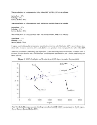 The contributions of various sectors in the Indian GDP for 1990-1991 are as follows:

Agriculture: - 32%
Industry: - 27%
Service Sector: - 41%

The contributions of various sectors in the Indian GDP for 2005-2006 are as follows:

Agriculture: - 20%
Industry: - 26%
Service Sector: - 54%

The contributions of various sectors in the Indian GDP for 2007-2008 are as follows:

Agriculture: - 17%
Industry: - 29%
Service Sector: - 54%

It is great news that today the service sector is contributing more than half of the Indian GDP. It takes India one step
closer to the developed economies of the world. Earlier it was agriculture which mainly contributed to the Indian GDP.

The Indian government is still looking up to improve the GDP of the country and so several steps have been taken to
boost the economy. Policies of FDI, SEZs and NRI investment have been framed to give a push to the economy and
hence the GDP.
 