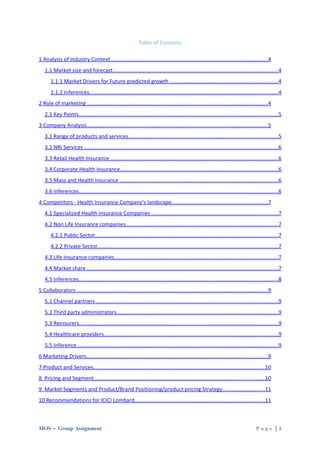 Table of Contents

1 Analysis of Industry Context........................................................................................................4
   1.1 Market size and forecast..............................................................................................................4
       1.1.1 Market Drivers for Future predicted growth ........................................................................4
       1.1.2 Inferences.............................................................................................................................4
2 Role of marketing ........................................................................................................................4
   2.1 Key Points....................................................................................................................................5
3 Company Analysis........................................................................................................................5
   3.1 Range of products and services...................................................................................................5
   3.2 NRI Services ................................................................................................................................6
   3.3 Retail Health Insurance ...............................................................................................................6
   3.4 Corporate Health Insurance.........................................................................................................6
   3.5 Mass and Health Insurance .........................................................................................................6
   3.6 Inferences....................................................................................................................................6
4 Competitors - Health Insurance Company’s landscape................................................................7
   4.1 Specialized Health Insurance Companies ....................................................................................7
   4.2 Non Life Insurance companies.....................................................................................................7
       4.2.1 Public Sector.........................................................................................................................7
       4.2.2 Private Sector........................................................................................................................7
   4.3 Life Insurance companies.............................................................................................................7
   4.4 Market share ...............................................................................................................................7
   4.5 Inferences....................................................................................................................................8
5 Collaborators ..............................................................................................................................9
   5.1 Channel partners .........................................................................................................................9
   5.2 Third party administrators...........................................................................................................9
   5.3 Reinsurers....................................................................................................................................9
   5.4 Healthcare providers...................................................................................................................9
   5.5 Inference .....................................................................................................................................9
6 Marketing Drivers........................................................................................................................9
7 Product and Services..................................................................................................................10
8 Pricing and Segment.................................................................................................................10
9 Market Segments and Product/Brand Positioning/product pricing Strategy............................11
10 Recommendations for ICICI Lombard......................................................................................11



MOS – Group Assignment                                                                                                                 Page |3
 