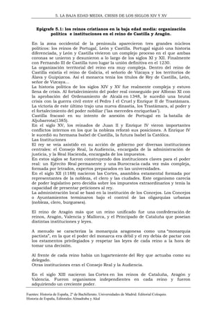 5. LA BAJA EDAD MEDIA. CRISIS DE LOS SIGLOS XIV Y XV

Epígrafe 5.1: los reinos cristianos en la baja edad media: organización
política e instituciones en el reino de Castilla y Aragón.
En la zona occidental de la península aparecieron tres grandes núcleos
políticos: los reinos de Portugal, León y Castilla. Portugal siguió una historia
diferenciada, y León y Castilla vivieron un complejo proceso en el que ambas
coronas se unieron y desunieron a lo largo de los siglos XI y XII. Finalmente
con Fernando III de Castilla tuvo lugar la unión definitiva en el 1230.
La organización territorial del reino era muy compleja. Dentro del reino de
Castilla existía el reino de Galicia, el señorío de Vizcaya y los territorios de
Álava y Guipúzcoa. Así el monarca tenía los títulos de Rey de Castilla, León,
señor de Vizcaya...
La historia política de los siglos XIV y XV fue realmente compleja y estuvo
llena de crisis. Al fortalecimiento del poder real conseguido por Alfonso XI con
la aprobación del Ordenamiento de Alcalá en 1348, le sucedió una brutal
crisis con la guerra civil entre el Pedro I el Cruel y Enrique II de Trastámara.
La victoria de este último trajo una nueva dinastía, los Trastámara, al poder y
el fortalecimiento del poder nobiliar ("las mercedes enriqueñas").
Castilla fracasó en su intento de anexión de Portugal en la batalla de
Aljubarrota(1385).
En el siglo XV, los reinados de Juan II y Enrique IV vieron importantes
conflictos internos en los que la nobleza reforzó sus posiciones. A Enrique IV
le sucedió su hermana Isabel de Castilla, la futura Isabel la Católica.
Las Instituciones
El rey se veía asistido en su acción de gobierno por diversas instituciones
centrales: el Consejo Real, la Audiencia, encargada de la administración de
justicia, y la Real Hacienda, encargada de los impuestos.
En estos siglos se fueron construyendo dos instituciones claves para el poder
real: un Ejército Real permanente y una Burocracia cada vez más compleja,
formada por letrados, expertos preparados en las universidades.
En el siglo XII (1188) nacieron las Cortes, asamblea estamental formada por
representantes de la nobleza, el clero y las ciudades. Este organismo carecía
de poder legislativo pero decidía sobre los impuestos extraordinarios y tenía la
capacidad de presentar peticiones al rey.
La administración local se basó en la institución de los Concejos. Los Concejos
o Ayuntamientos terminaron bajo el control de las oligarquías urbanas
(nobleza, clero, burgueses).
El reino de Aragón más que un reino unificado fue una confederación de
reinos, Aragón, Valencia y Mallorca, y el Principado de Cataluña que poseían
distintas instituciones y leyes.
A menudo se caracteriza la monarquía aragonesa como una “monarquía
pactista”, en la que el poder del monarca era débil y el rey debía de pactar con
los estamentos privilegiados y respetar las leyes de cada reino a la hora de
tomar una decisión.
Al frente de cada reino había un lugarteniente del Rey que actuaba como su
delegado.
Otras instituciones eran el Consejo Real y la Audiencia.
En el siglo XIII nacieron las Cortes en los reinos de Cataluña, Aragón y
Valencia. Fueron organismos independientes en cada reino y fueron
adquiriendo un creciente poder.
Fuentes: Historia de España, 2º de Bachillerato. Universidades de Madrid. Editorial Coloquio.
Historia de España, Editorales Almadraba y Akal

 