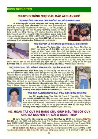 CHƯƠNG TRÌNH NHỊP CẦU BÁC ÁI PHANXICÔ
TRỢ GIÚP ÔNG ĐINH VĂN CHÍN Ở ĐỒNG NAI, MỔ BÀNG QUANG
Cô Isave Nguyễn Thị Nỡ, cộng tác viên Trung Tâm Mục Vụ
DCCT, giới thiệu ông ĐINH VĂN CHÍN, sinh năm 1968, quê ở Đồng Nai,
tạm trú tại 172/37/2 Lê Thúc Hoạch, P. Tân Quý, Q. Tân Phú, Sàigòn. Vợ
ông làm nghề đóng gói nấm mèo thê, công việc không ổn định, con 16 tuổi
đang học bổ túc. Công việc mưu sinh của bản thân ông cũng không ổn
định. Tháng 4 năm 2014, ông phải nhập viện mổ bàng quang, trước đó đã
bị tai nạn hai lần vào năm 2003 và 2011, chấn thương cột sống đến nay
chỉ nằm một chỗ. Chúng tôi xin trợ giúp 1.000.000 VND, số tiền được trích
từ Chương Trình Nhịp Cầu Bác Ái Phanxicô ( có 1 biên lai ).
TRỢ GIÚP BÀ LÊ THỊ BẮC Ở QUẢNG NGÃI, BỊ BỆNH TIM
Cô Nguyễn Thị Xuân Diệu, cộng tác viên Trung Tâm Mục Vụ
DCCT, giới thiệu bà LÊ THỊ BẮC, sinh năm 1935, hiện ngụ tại ấp Mỹ
Thuận, xã Phổ Thuận, huyện Đức Phổ, tỉnh Quảng Ngãi, điện thoại:
0976.016.912, liên hệ với cháu gái tên Trinh. Bà Bắc sống với gia đình con
gái. Bà Bắc bị hai chứng bệnh nặng là động mạch vành và nhịp tim
chậm. Ngày 17.4 bà đã được các bác sĩ tại Bệnh Viện Nhân Dân Gia Định
mổ đặt máy tạo nhịp tim. Chi phí cho ca mổ là 50 triệu đồng, sau khi trừ
BHYT, chi phí còn lại phải thanh toán cho bệnh viện là 14.983.079 VND. Chúng tôi xin trợ giúp
5.000.000 VND, số tiền được trích từ Chương Trình Nhịp Cầu Bác Ái Phanxicô ( có 1 biên lai ).
TRỢ GIÚP CHÁU ĐIỂU HIÊM Ở BÌNH PHƯỚC, BỊ VIÊM MÀNG NÃO
Ông Đa Minh Bùi Tuấn Nam, cộng tác viên Trung Tâm Mục Vụ DCCT,
giới thiệu em Giuse ĐIỂU HIÊM, người dân tộc thiều số, sinh năm 2000, con ông
Phanxicô Nguyên Điểu Ho và bà Maria Thị Dét, hiện ngụ tại Giáo Họ Suối Minh,
Giáo Xứ Long Điền, xã Bình Sơn, huyện Bù Gia Mập, tỉnh Bình Phước, điện thoại:
01689.940.793. Gia đình cháu không có đất đai, ba mẹ đi làm thuê để mưu sinh.
Cháu Hiêm có 6 anh chị em, 3 người lớn đã có gia đình nhưng hoàn cảnh cũng
khó khăn, phải đi làm thuê. Em Hiêm bị viêm màng não, điều trị tại Bệnh Viện Nhi
Đồng 1 Sàigòn, không có tiền đóng viện phí nên gia đình phải chạy lo khắp nơi.
Chúng tôi xin trợ giúp 3.000.000 VND, số tiền được trích từ
Chương Trình Nhịp Cầu Bác Ái Phanxicô ( có 1 biên lai ).
TRỢ GIÚP BÀ NGUYỄN THỊ CẦN Ở SÀI GÒN, BỊ TIM BỆNH TIM
Lm. PX. Nguyễn Ngọc Thu, Giáo Xứ Phaolô 3, Tổng Giáo Phận Sàigòn,
giới thiệu bà NGUYỄN THỊ CẦN, sinh năm 1955, ngụ tại 18/35 B Trần Quang Diệu,
P. 14, Q. 3, Sàigòn. Bà Cần bị hở van tim 2 lá và 3 lá ¾, đang được theo dõi và điều
trị tại Bệnh Viện Hoàn Mỹ. Gia đình mới bị phá sản hoàn toàn, chỉ có thể cố gắng lo
cho bà đi tái khám. Chúng tôi xin trợ giúp 400.000 VND, số tiền được trích từ
Chương Trình Nhịp Cầu Bác Ái Phanxicô ( có 1 biên lai ).
467. HOÀN TẤT QUỸ MẸ HẰNG CỨU GIÚP ĐIỀU TRỊ ĐỘT QUỴ
CHO BÀ NGUYỄN THỊ GÁI Ở ĐỒNG THÁP
Cô Isave Nguyễn Thị Nỡ, cộng tác viên Trung Tâm Mục Vụ DCCT, giới thiệu bà NGUYỄN
THỊ GÁI, sinh năm 1958, quê ấp Phú Hoà A, xã Phú Thuận A, huyện Hồng Ngự, tỉnh Đồng Tháp, điện
thoại: 01289.700.431. Chồng bỏ đi từ năm 2005, bà cùng 5 người con tần tảo nuôi nhau, 3 người đã lập
gia đình nhưng chỉ đủ sống, bà cùng 2 người con út vào Sàigòn thuê nhà, đi làm để mướn mưu sinh.
Bà Gái bị bệnh tiểu đường, cao máu và suy tim, nhưng vì gia đình khó khăn, bà không có tiền
mua thuốc theo toa của bác sĩ dặn nên bệnh ngày càng nặng. Mới đây khi đi làm thuê về đến nhà, bà
28
CÙNG TƯƠNG TRỢ
 