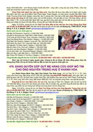 thoại: 0919.905.390 – anh Khang hoặc 01234.242.454 – ông Liêm ( ông nội của cháu Phát ). Cha mẹ
cháu làm thuê làm mướn nuôi cháu Phát.
Cháu Phát mắc bệnh lao não tủy bẩm sinh. Gia đình đã đưa cháu điều trị từ bệnh viện huyện
đến bệnh viện tỉnh, sau đó là Bệnh Viện Phạm Ngọc Thạch Sàigòn, và cháu được chuyển đến Bệnh Viện
Chấn Thương Chỉnh Hình Sàigòn, khoa Nhi, lầu 2, phòng 332. Các bác sĩ đề nghị cháu Phát phải được
phẫu thuật cột sống thì đôi chân cháu mới có thể đi được. Chi phí điều trị hơn 100 triệu đồng ( đã trừ
Bảo Hiểm Y Tế ), từ khi phát hiện bệnh đến nay, gia đình cháu phải cầm cố nhà đất và vay mượn bà con
hàng xóm khắp nơi được 40 triệu đồng, nhưng vẫn còn thiếu 60 triệu đồng.
Ngày 12.5.2014, chúng tôi xin mở Quỹ Trợ Giúp điều trị lao não tủy cho cháu Giang Duy Phát
với số tiền là 40.000.000 VND. Mọi liên hệ trợ giúp xin gửi về cho Lm. Lê Quang Uy, TTMV DCCT, 38 Kỳ
Đồng, P. 9, Q. 3, Sàigòn. Email: gxmehangcuugiup@gmail.com
Danh sách các ân nhân gần xa:
Hội Bác Ái Phanxicô ( Hoa Kỳ ): 4.000.000 VND
Chuyển từ Quỹ giúp em Thiên Định ( Kiên Giang ): 300.000 VND
Trích chia sẻ của cô Dinh Thuy, Houston ( Hoa Kỳ ): 850 USD
Ông Cao Đăng Khoa, Phú Nhuận ( Sàigòn ): 10.000.000 VND
Ông Ngô Văn Quảng ( Sàigòn ) qua anh Tấn: 500.000 VND
Một người ẩn danh ( Úc ) qua bạn Diệu An: 500.000 VND
Chị Nguyễn Thị Kiều Hạnh ( Sàigòn ): 500.000 VND
Một ân nhân ở Gx. Phú Lộc ( Sàigòn ): 700.000 VND
Gia đình anh Sơn Bariton ( Sàigòn ): 2.000.000 VND
Cô Lê Anh Hiền, Gx. Phanxicô Đakao ( Sàigòn ): 500.000 VND
Một Linh Mục ( gốc Bắc Ninh ): 1.000.000 VND
Bác Phạm Phi Hoành ở Thủ Đức ( Sàigòn ): 2.000.000 VND
Tổng kết đến 22g tối thứ ba 13.5.2014: 22.000.000 VND + 850 USD = 40.000.000 VND
Như vậy chỉ trong 2 ngày quyên góp, chúng ta đã có được 40 triệu đồng giúp cháu bé
Giang Duy Phát. Xin tạ ơn Chúa, biết ơn Mẹ và cám ơn quý ân nhân gần xa.
470. ĐANG QUYÊN GÓP QUỸ MẸ HẰNG CỨU GIÚP MỔ TIM
CHO ÔNG NGUYỄN TRỌNG HUỆ Ở KHÁNH HÒA
Lm. Phêrô Phạm Minh Tâm, Nhà Thờ Chánh Tòa Vĩnh Long, 141 Lê Thái Tổ, P. 2, TP. Vĩnh
Long, tỉnh Vĩnh Long, điện thoại: 01277.702.728, giới thiệu ông NGUYỄN TRỌNG HUỆ, sinh năm 1961, hộ
khẩu tại thôn Văn Cứ, xã Cam Hòa, huyện Cam Lâm, tỉnh Khánh Hòa, tạm trú tại 145/1 Phạm Thái Bường,
P. 4, TP. Vĩnh Long, tỉnh Vĩnh Long, điện thoại: 0905.527.102. Vợ ông làm công nhân, mẹ ruột đã qua đời.
Ông Huệ bị bệnh tim bẩm sinh, hở van 2 lá. Các bác sĩ Viện Tim, Sàigòn, báo chi phí ca mổ là
127.260.000 đồng, chưa tính các khoản phụ khác. Để có số tiền này, gia đình ông đã phải bán đất ở xã
Cam Hòa, vay thêm bà con hàng xóm để kịp cho ông được mổ tim đúng hẹn.
Ngày 13.5.2014, chúng tôi xin mở Quỹ Trợ Giúp mổ tim cho ông Nguyễn Trọng Huệ với số
tiền là 40.000.000 VND. Mọi liên hệ trợ giúp xin gửi về cho Lm. Giuse Lê Quang Uy, TTMV DCCT, 38
Kỳ Đồng, P. 9, Q. 3, Sàigòn. Email: gxmehangcuugiup@gmail.com
Danh sách các ân nhân gần xa:
Hội Bác Ái Phanxicô ( Hoa Kỳ ): 4.000.000 VND
Hai ân nhân đi Lễ Xa Quê DCCT ( các tỉnh ): 3.000.000 VND
Anh Chiến ( Sàigòn ): 1.500.000 VND + 20 USD
Bạn Fiat Chính ( Sàigòn ): 300.000 VND
Một học viên Khoá Agape 34 DCCT ( Sàigòn ): 300.000 VND
Gia đình Nho – Na ( Sàigòn ): 1.000.000 VND
Gia đình Tuấn – Nga, Tân Định ( Sàigòn ): 1.000.000 VND
Hai người ẩn danh ( Bến Tre ): 700.000 VND
Ân nhân ghi Nguyen Thanh Thiery ( Hoa Kỳ ): 50 USD
Anh Tiên, Giáo Xứ Nam Thái ( Sàigòn ): 3.000.000 VND
Một ân nhân ẩn danh ( Sàigòn ): 4.000.000 VND
Cô Hồ Mỹ Linh ( Sàigòn ): 500.000 VND
Sơ kết đến 16g30 Chúa Nhật 18.5.2014: 19.300.000 VND + 70 USD
30
 